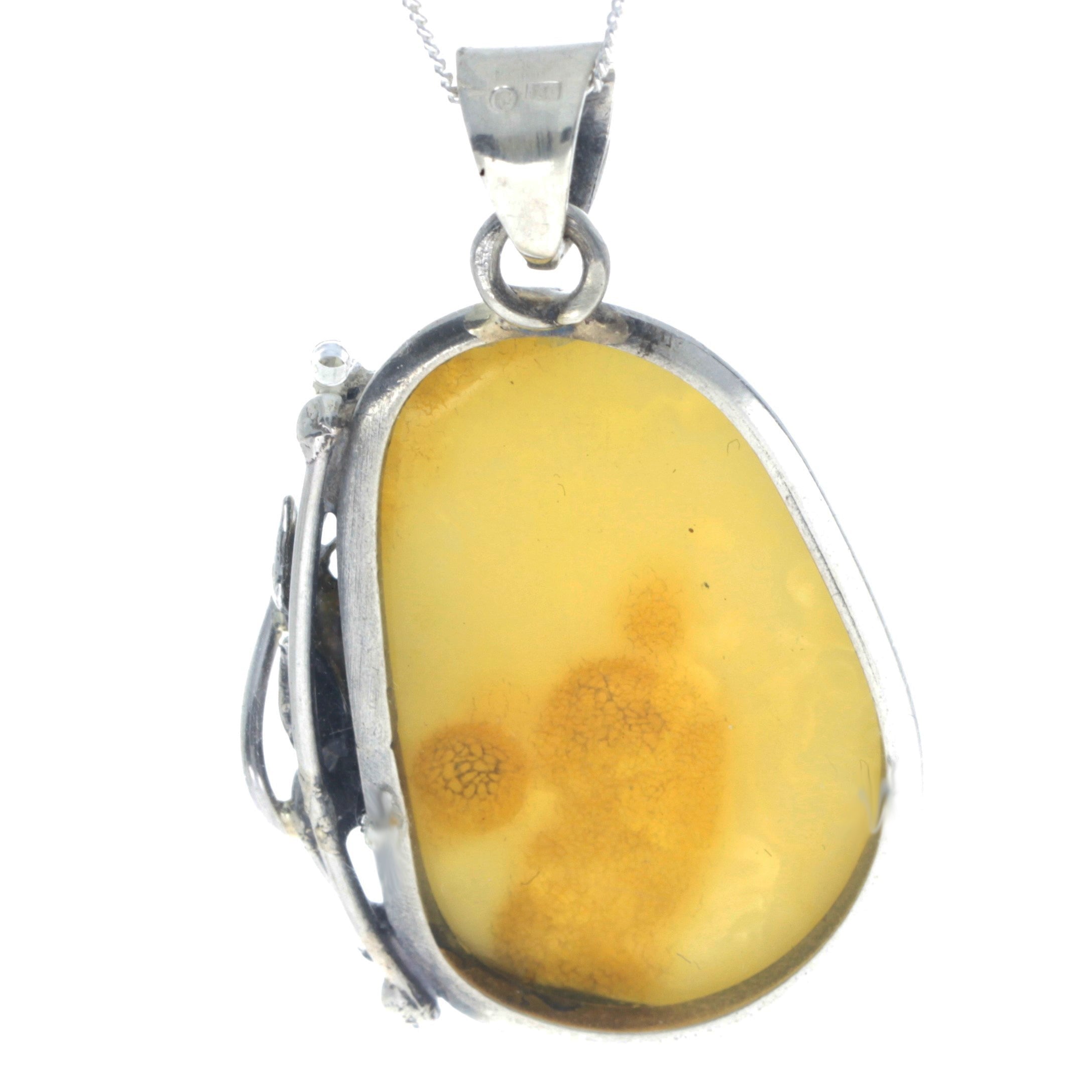 925 Sterling Silver & Genuine Lemon Baltic Amber Exlusive Unique Pendant - PD2371