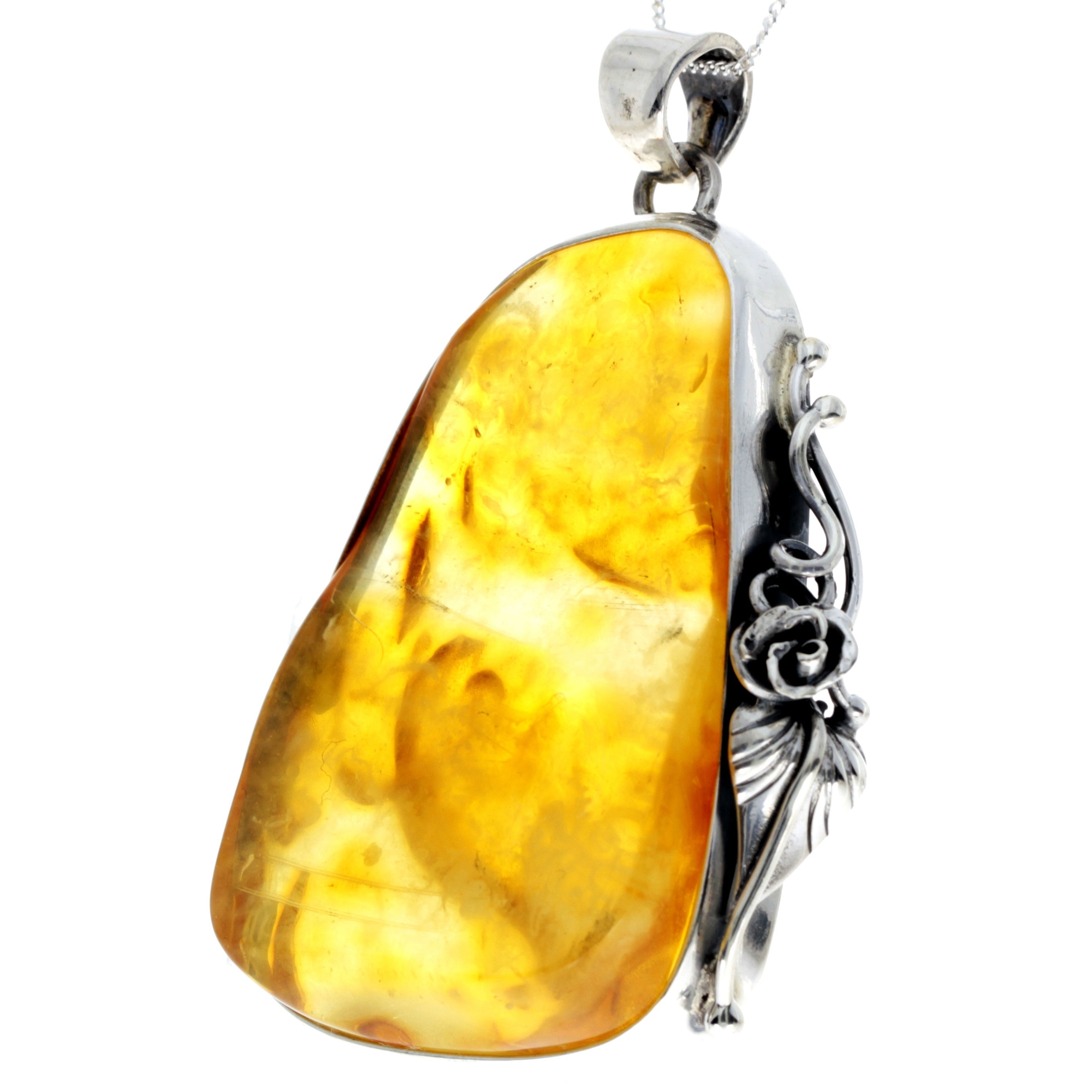 925 Sterling Silver & Genuine Honey Baltic Amber Exlusive Unique Pendant - PD2372