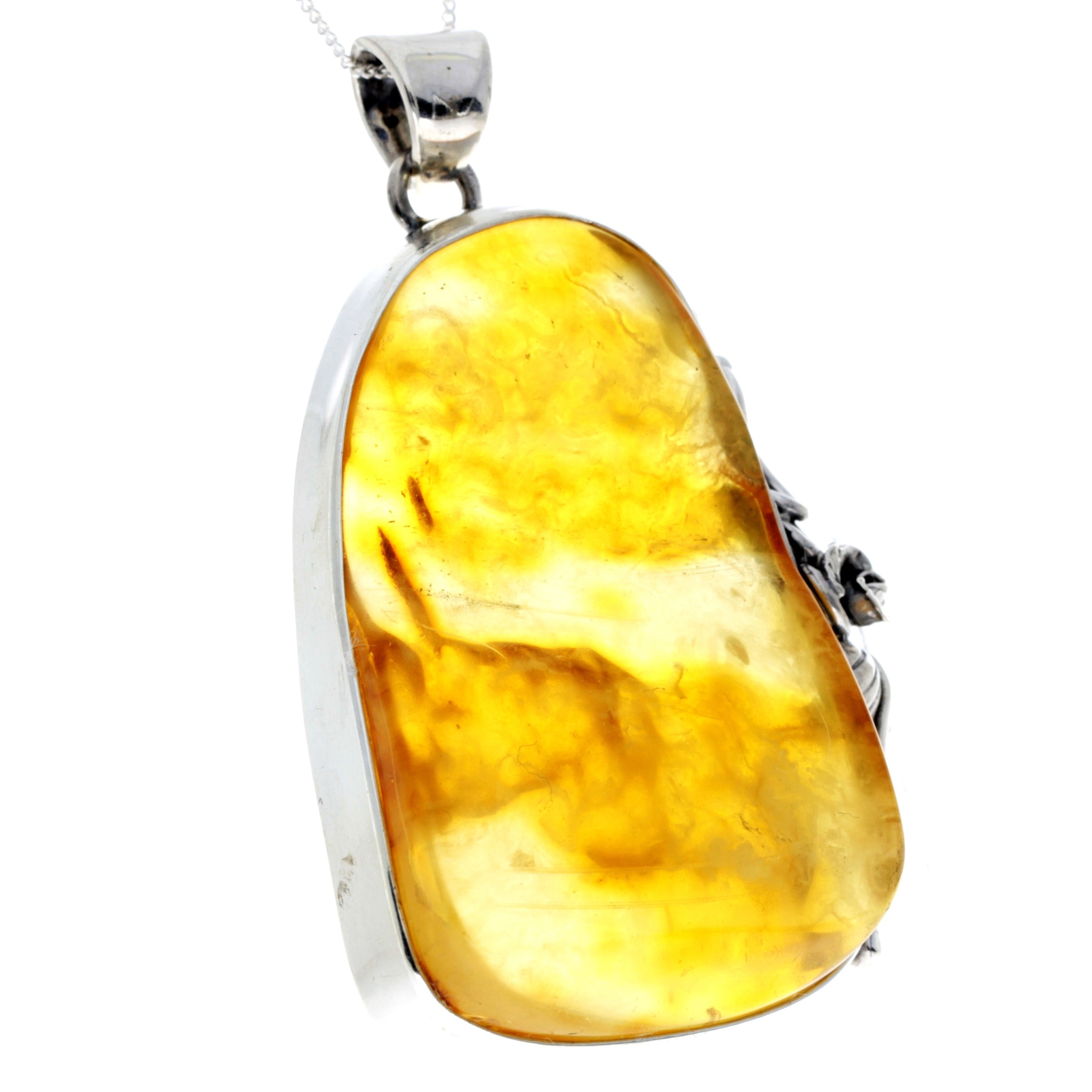 925 Sterling Silver & Genuine Honey Baltic Amber Exlusive Unique Pendant - PD2372