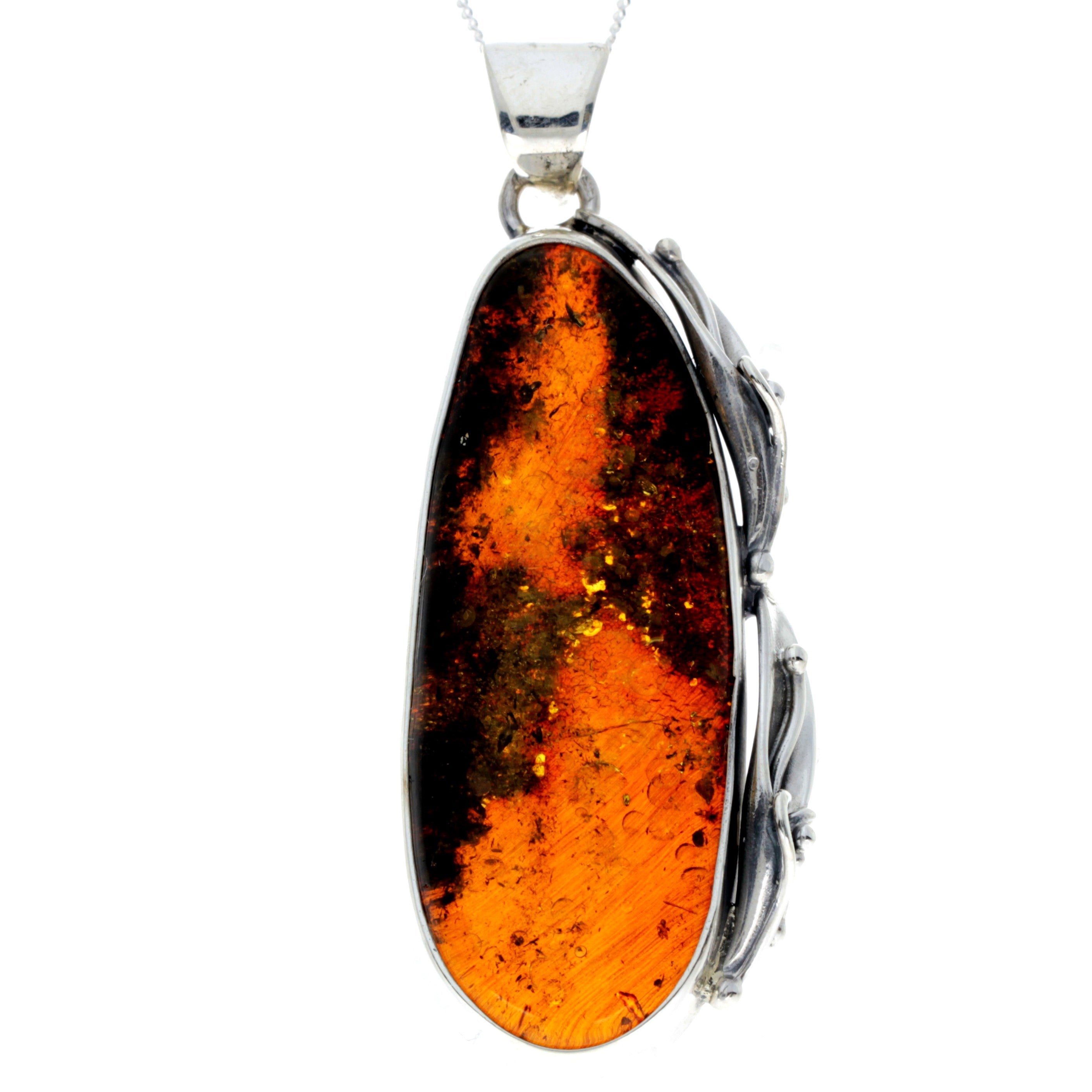 925 Sterling Silver & Genuine Green Baltic Amber Exlusive Unique Pendant - PD2384