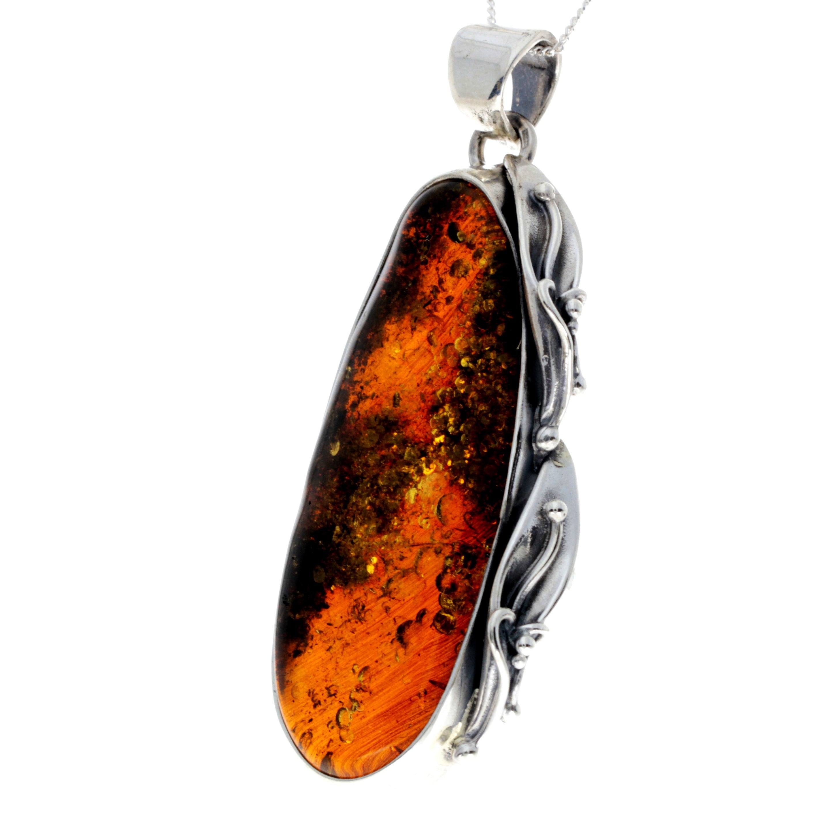 925 Sterling Silver & Genuine Green Baltic Amber Exlusive Unique Pendant - PD2384