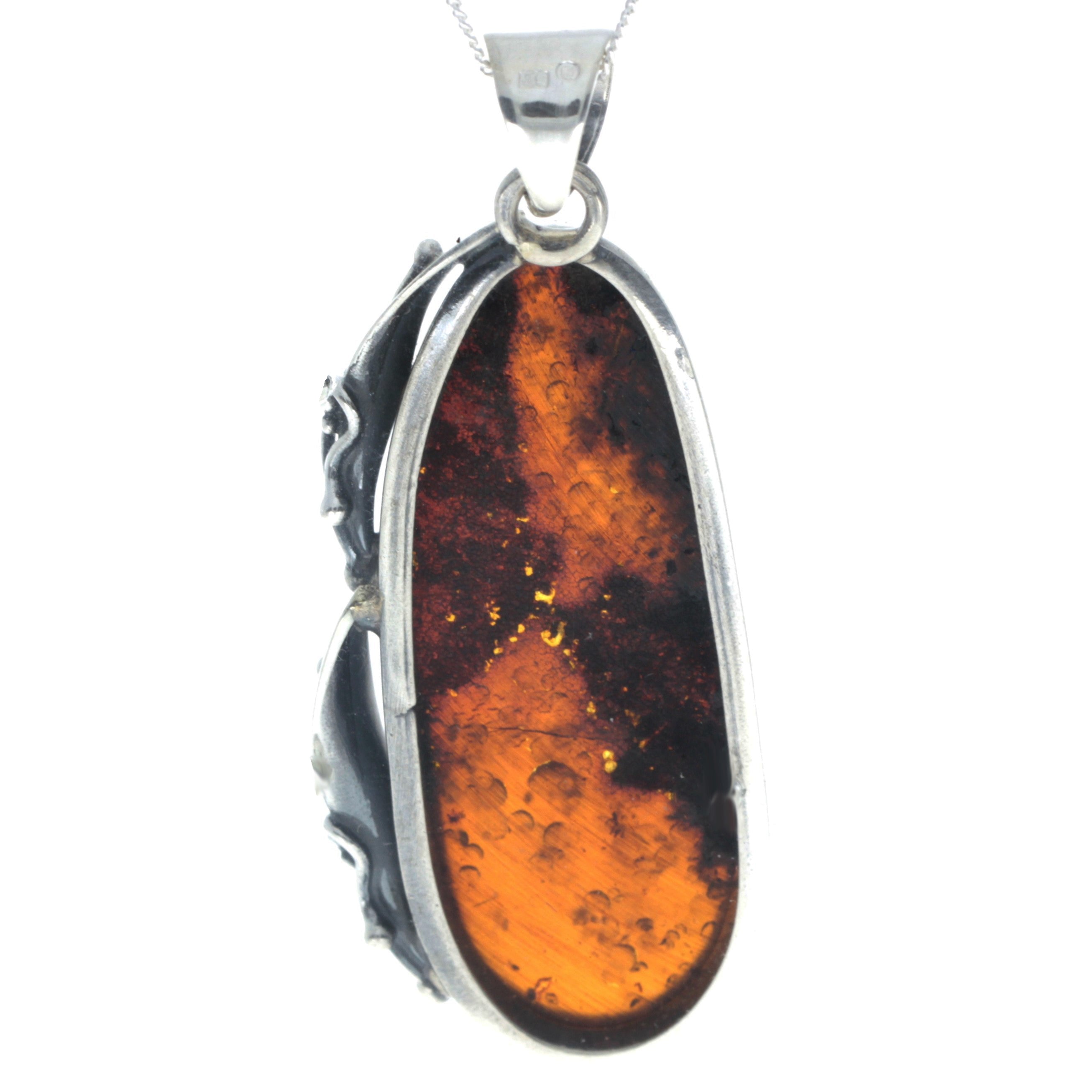 925 Sterling Silver & Genuine Green Baltic Amber Exlusive Unique Pendant - PD2384