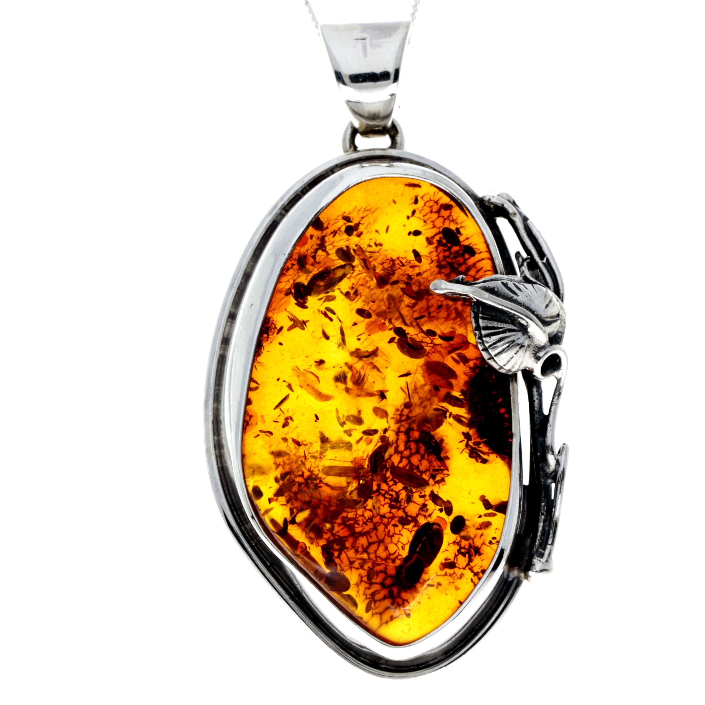 925 Sterling Silver & Genuine Cognac Baltic Amber Exlusive Unique Pendant - PD2386