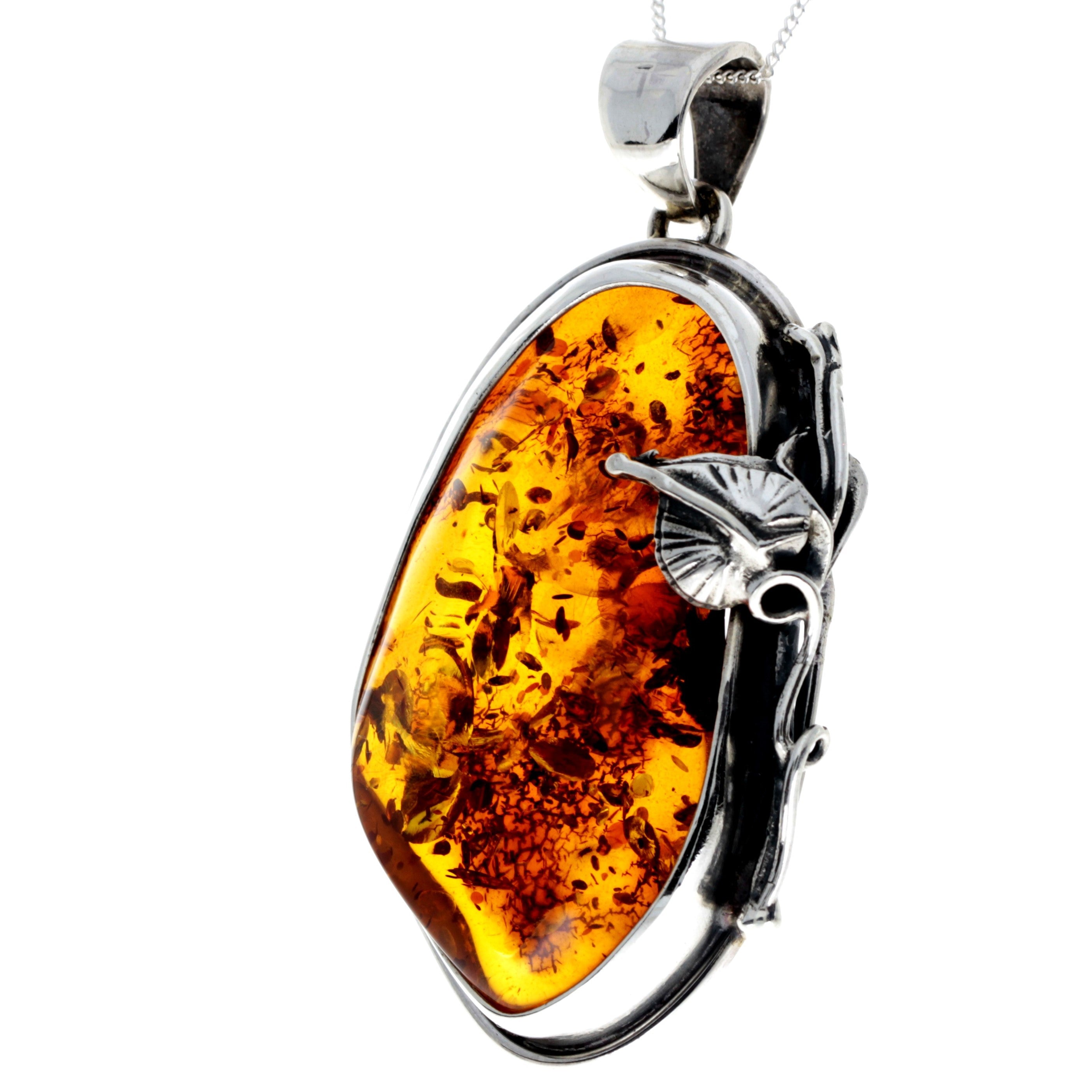 925 Sterling Silver & Genuine Cognac Baltic Amber Exlusive Unique Pendant - PD2386