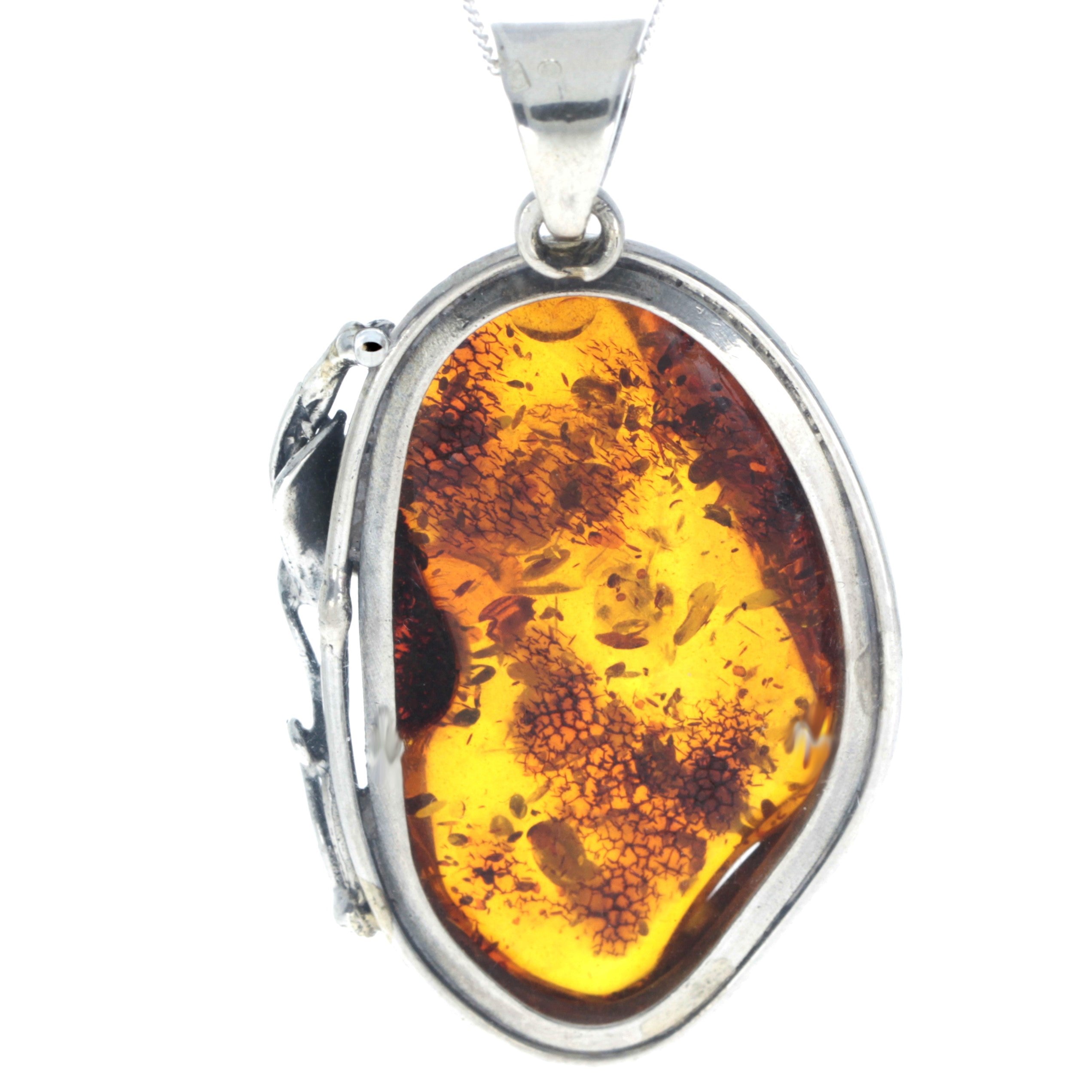 925 Sterling Silver & Genuine Cognac Baltic Amber Exlusive Unique Pendant - PD2386