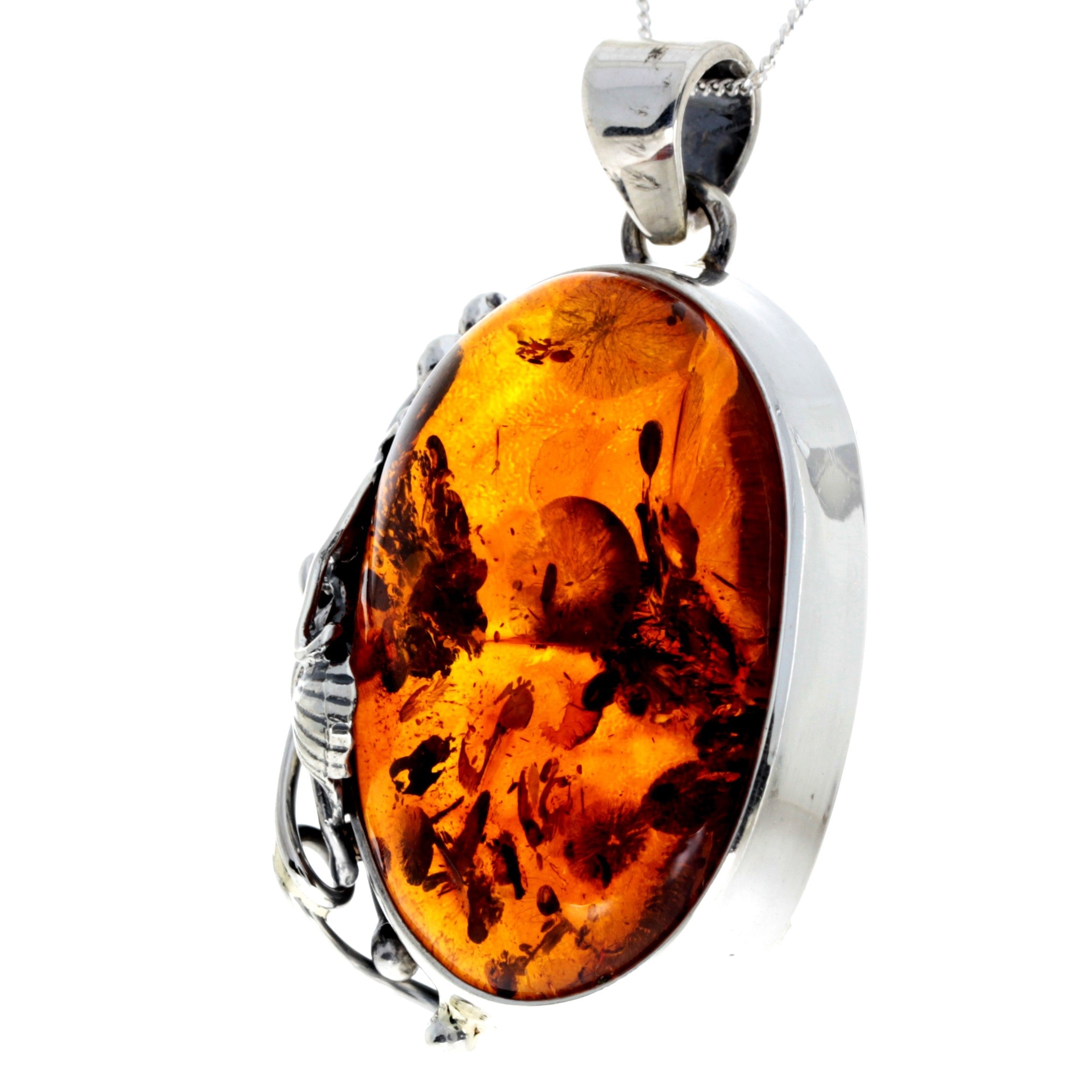 925 Sterling Silver & Genuine Cognac Baltic Amber Exlusive Unique Pendant - PD2388