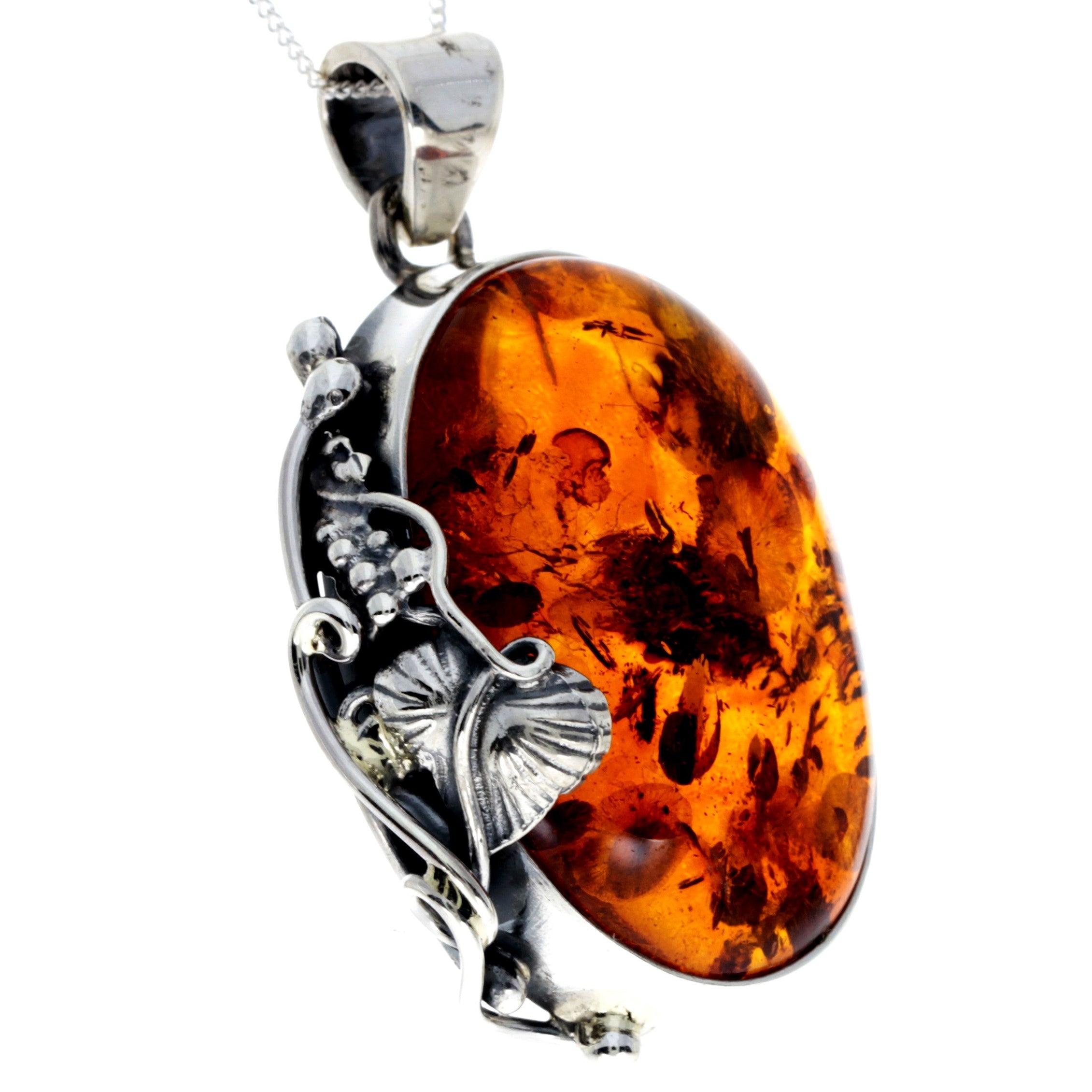 925 Sterling Silver & Genuine Cognac Baltic Amber Exlusive Unique Pendant - PD2388