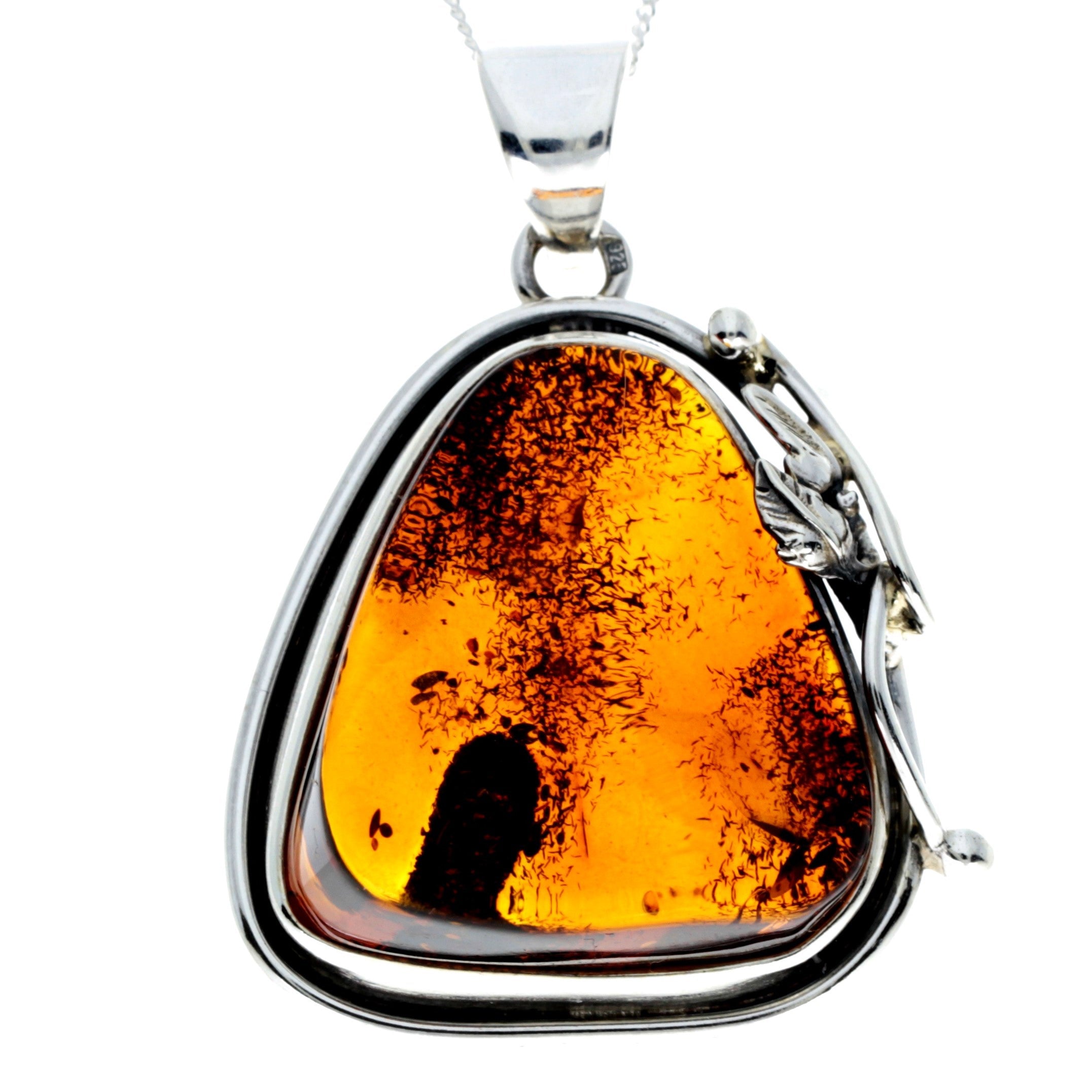 925 Sterling Silver & Genuine Cognac Baltic Amber Exlusive Unique Pendant - PD2392