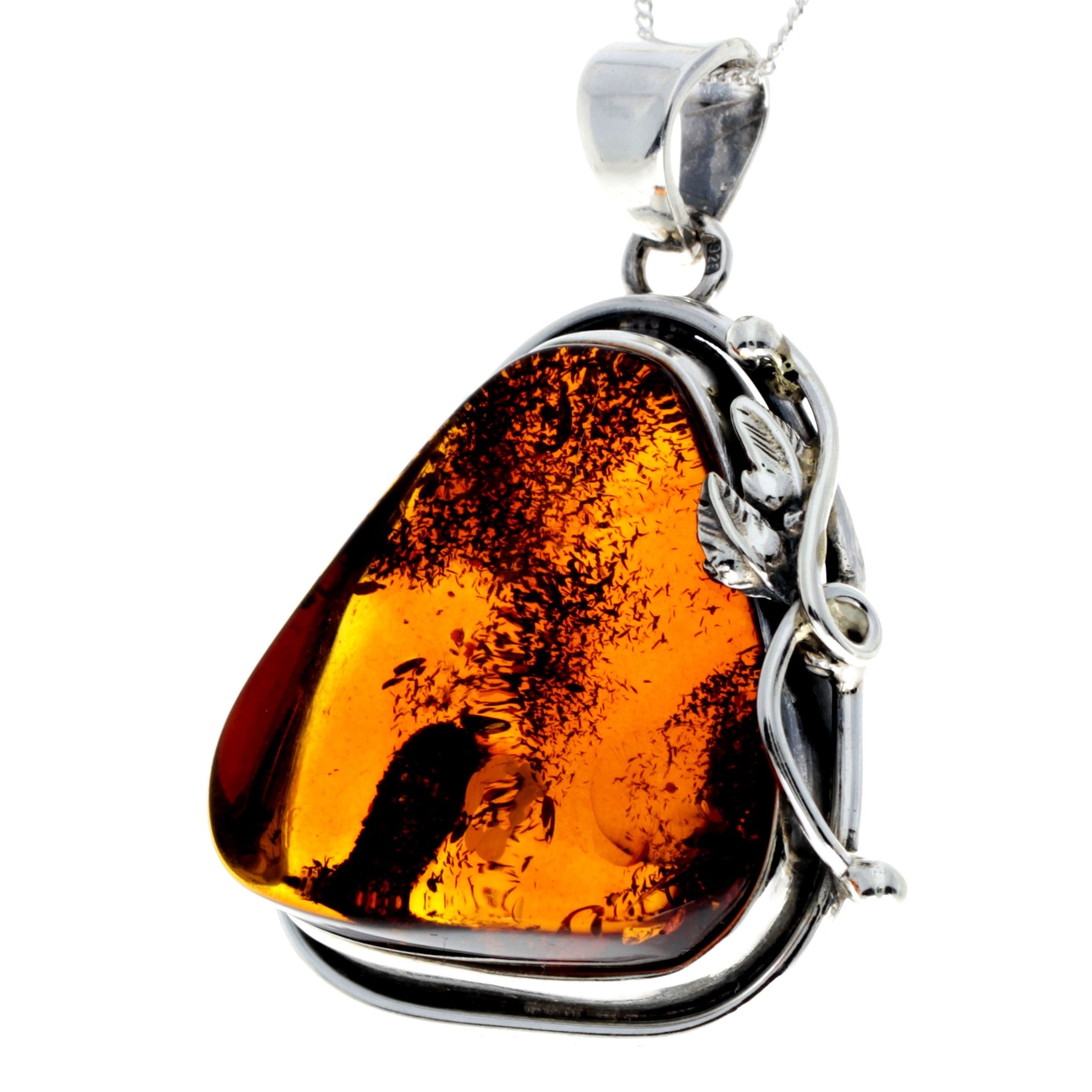 925 Sterling Silver & Genuine Cognac Baltic Amber Exlusive Unique Pendant - PD2392