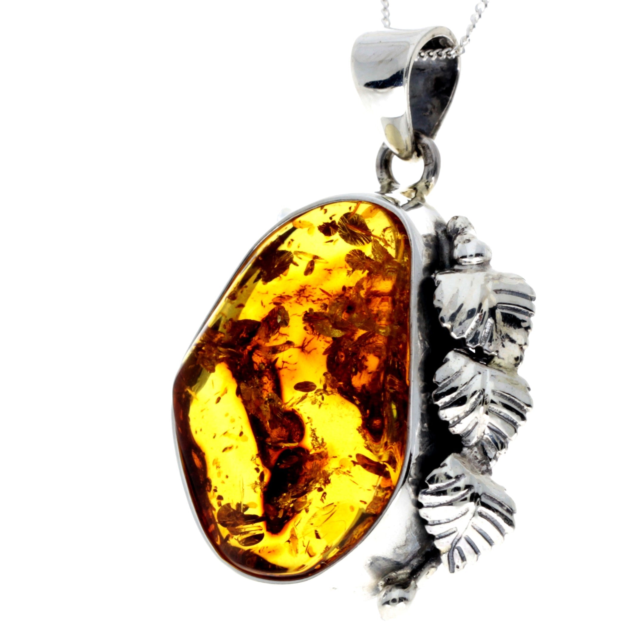 925 Sterling Silver & Genuine Cognac Baltic Amber Exlusive Unique Pendant - PD2396