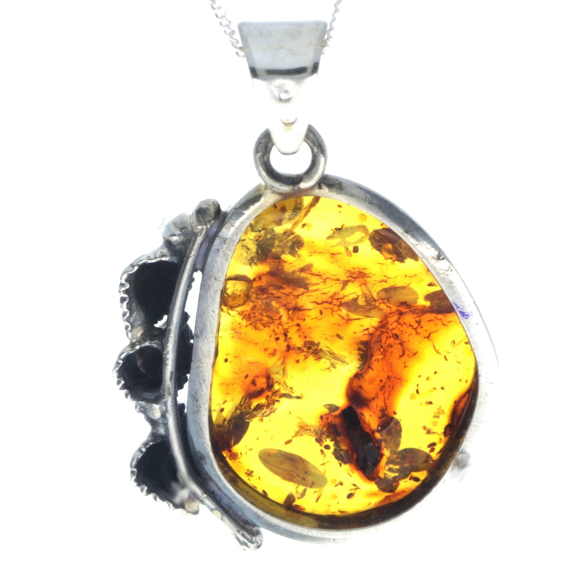 925 Sterling Silver & Genuine Cognac Baltic Amber Exlusive Unique Pendant - PD2396