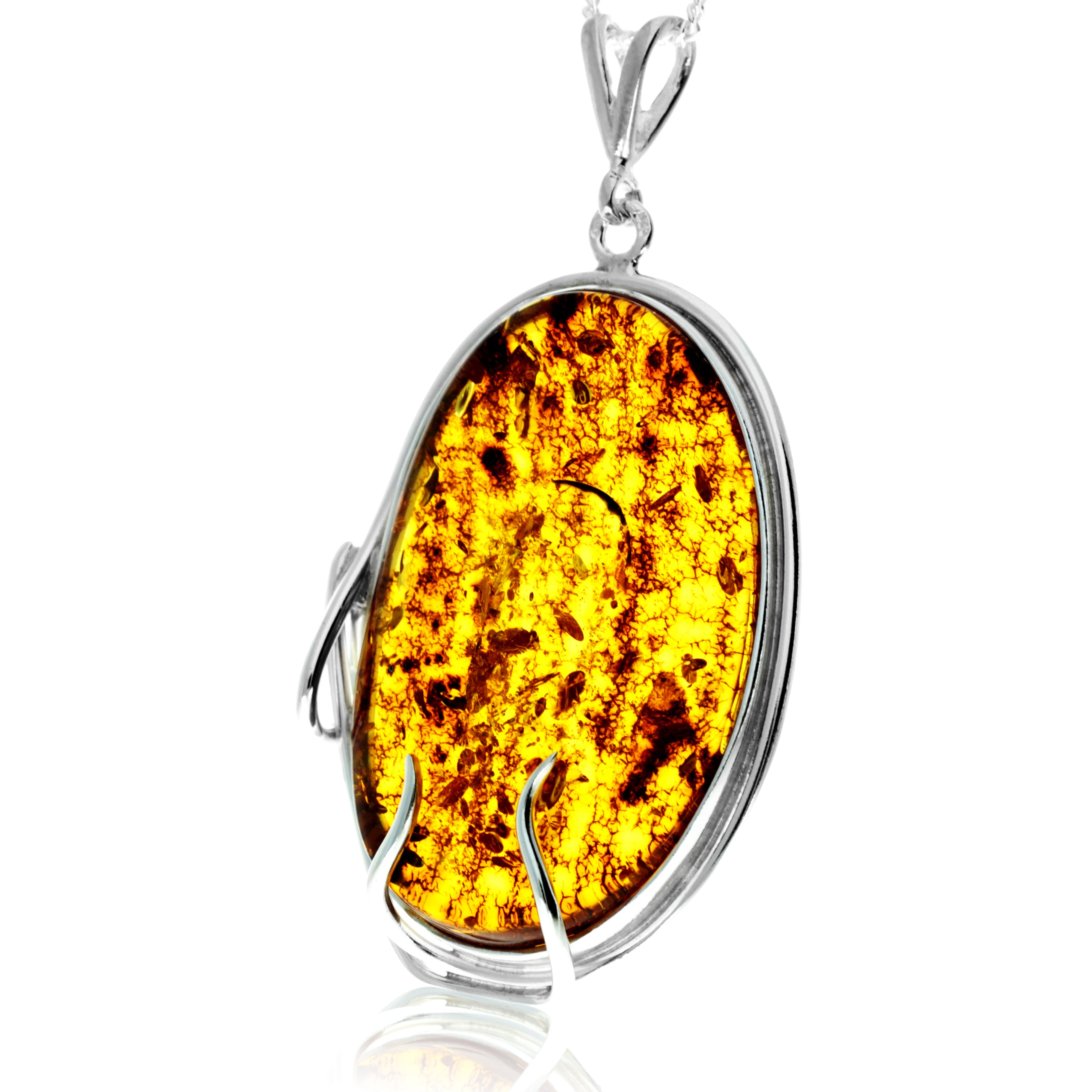 925 Sterling Silver & Genuine Cognac Baltic Amber Exlusive Unique Pendant - PD2401