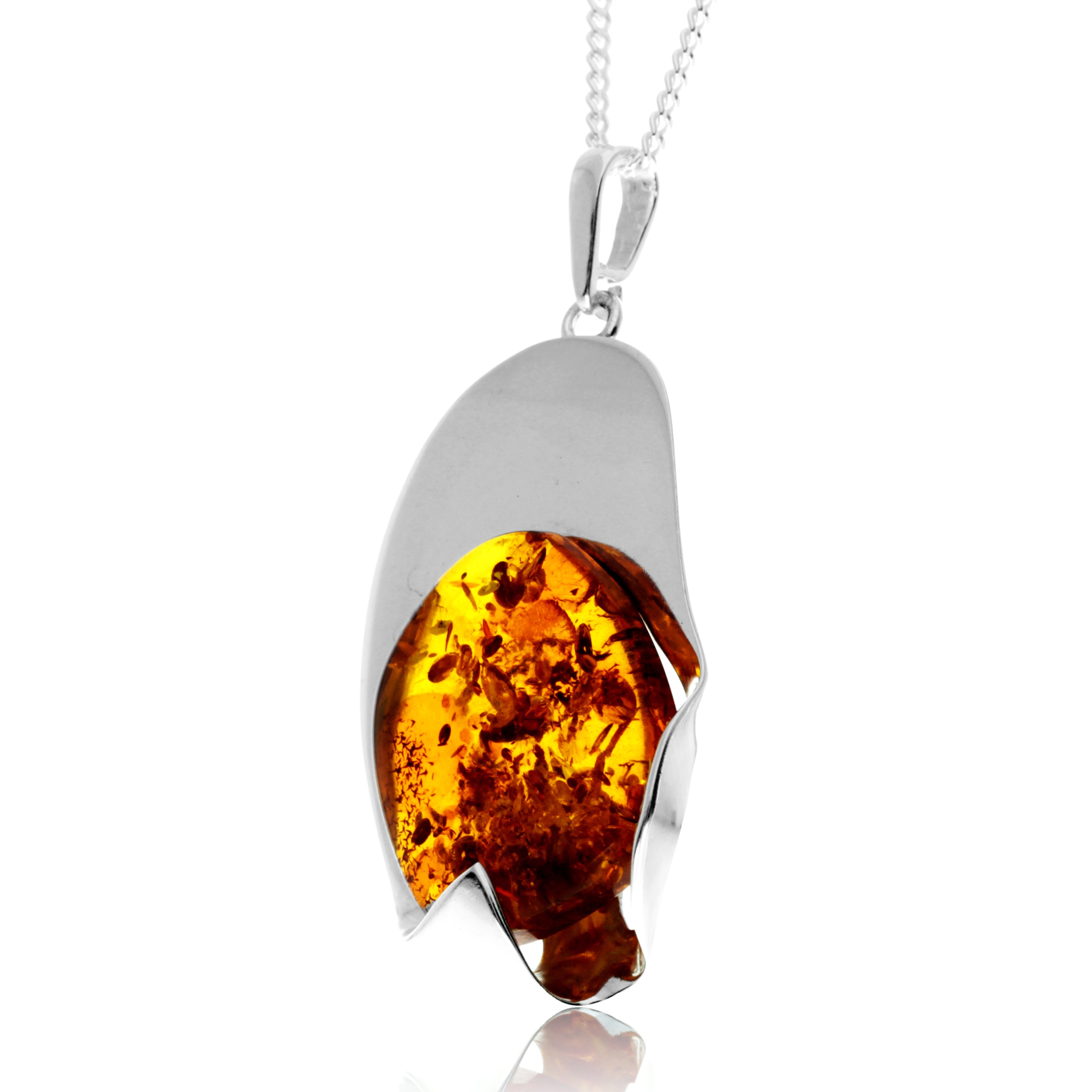 925 Sterling Silver & Genuine Cognac Baltic Amber Exlusive Unique Pendant - PD2403