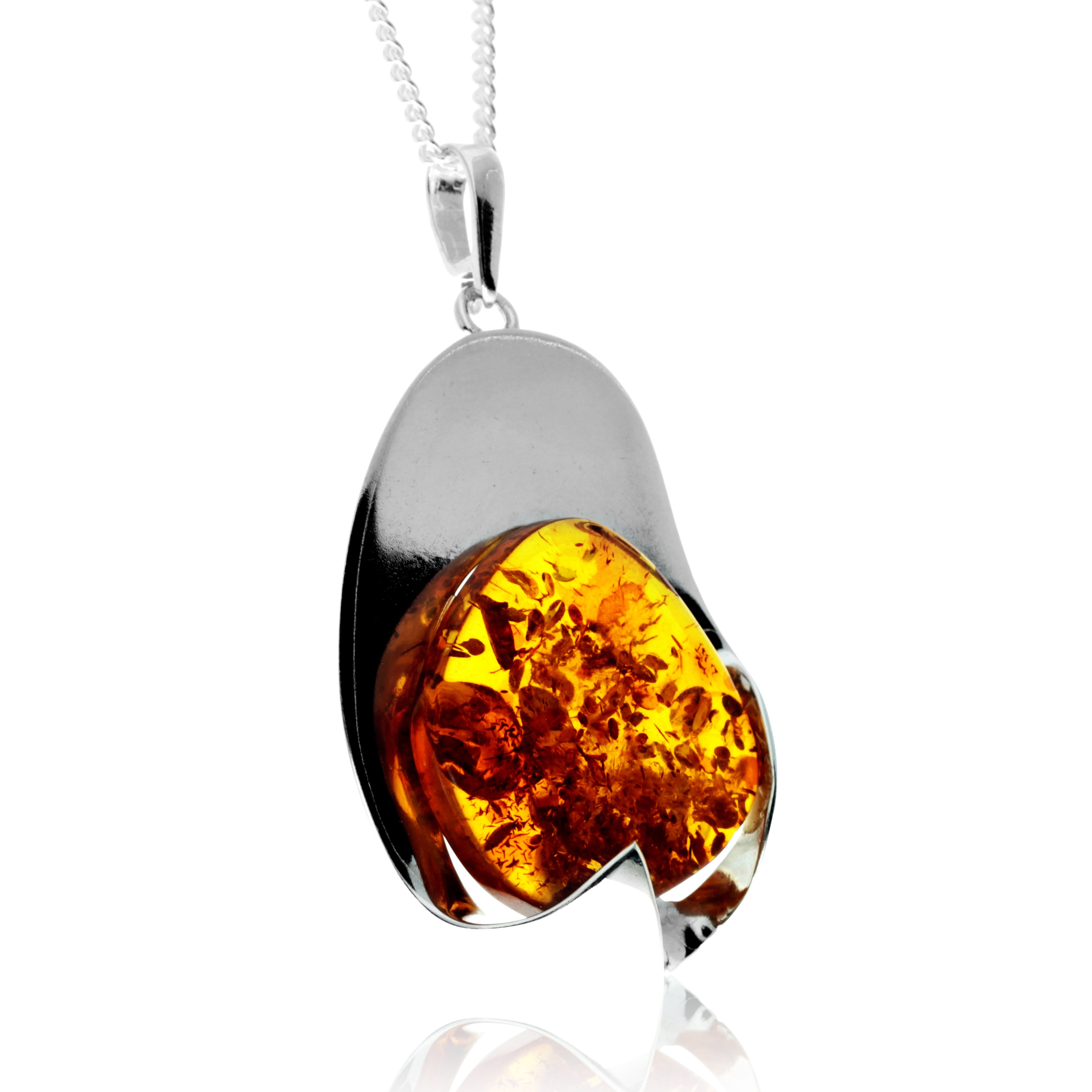 925 Sterling Silver & Genuine Cognac Baltic Amber Exlusive Unique Pendant - PD2403