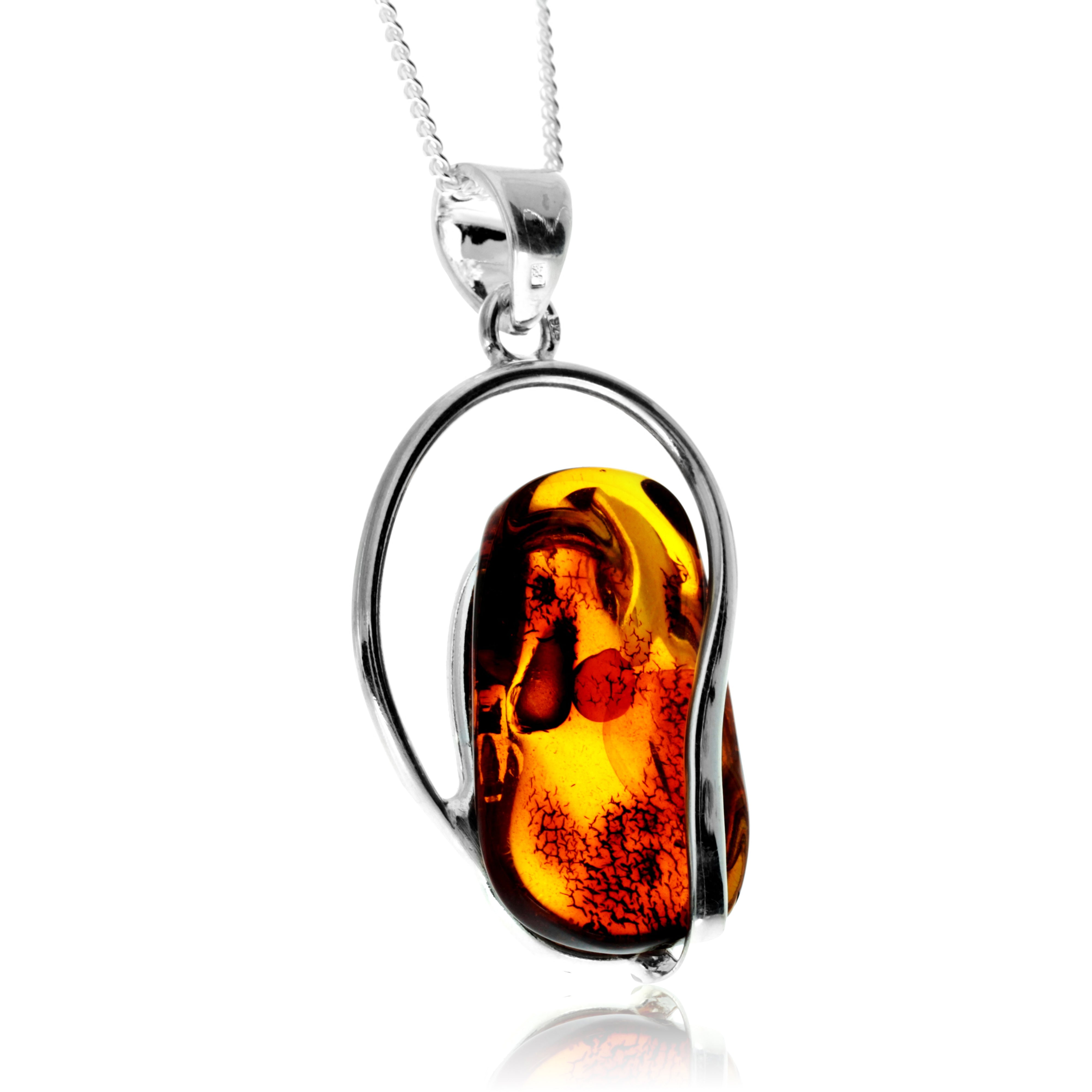 925 Sterling Silver & Genuine Cognac Baltic Amber Exlusive Unique Pendant - PD2405