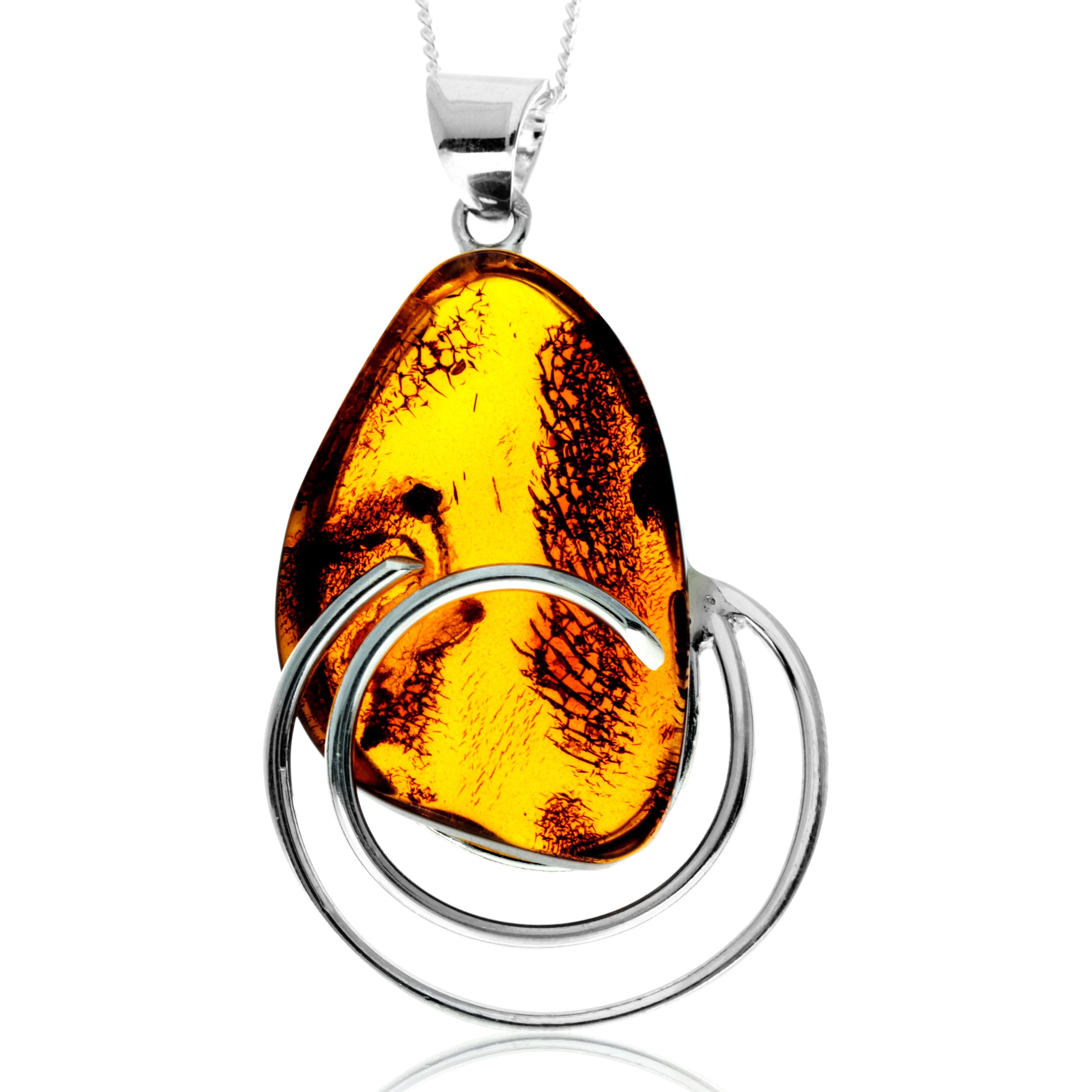 925 Sterling Silver & Genuine Cognac Baltic Amber Exlusive Unique Pendant - PD2407