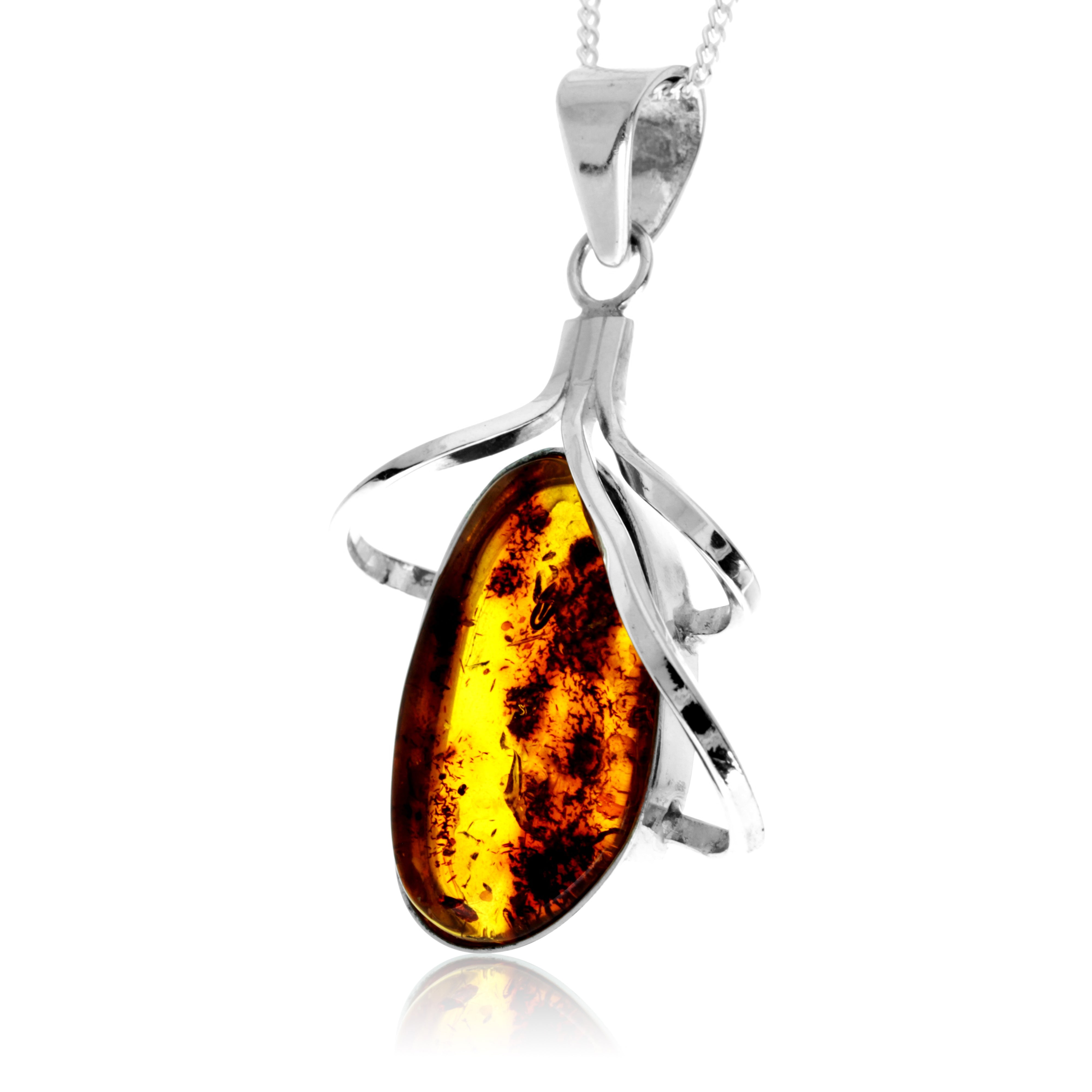 925 Sterling Silver & Genuine Cognac Baltic Amber Exlusive Unique Pendant - PD2410