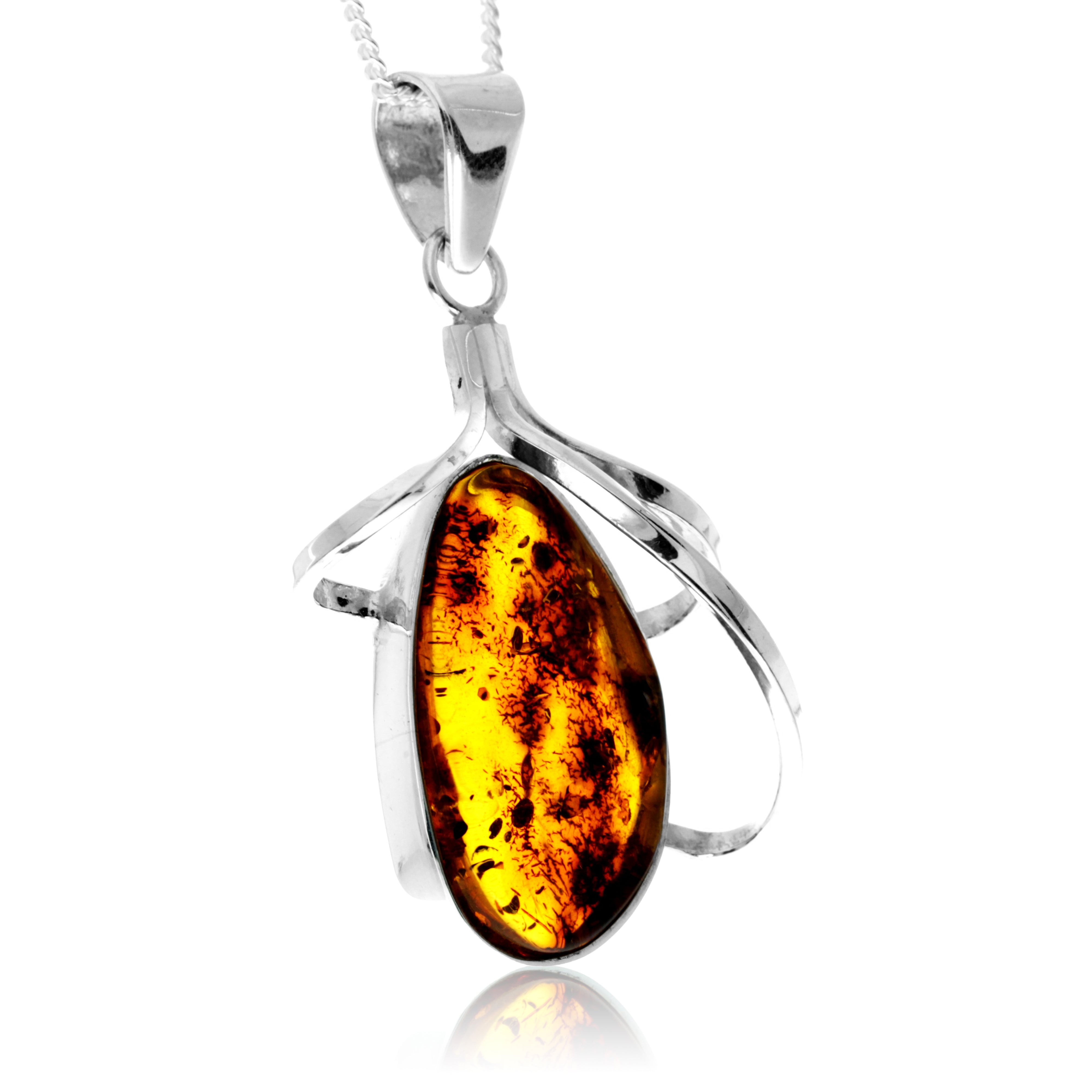 925 Sterling Silver & Genuine Cognac Baltic Amber Exlusive Unique Pendant - PD2410