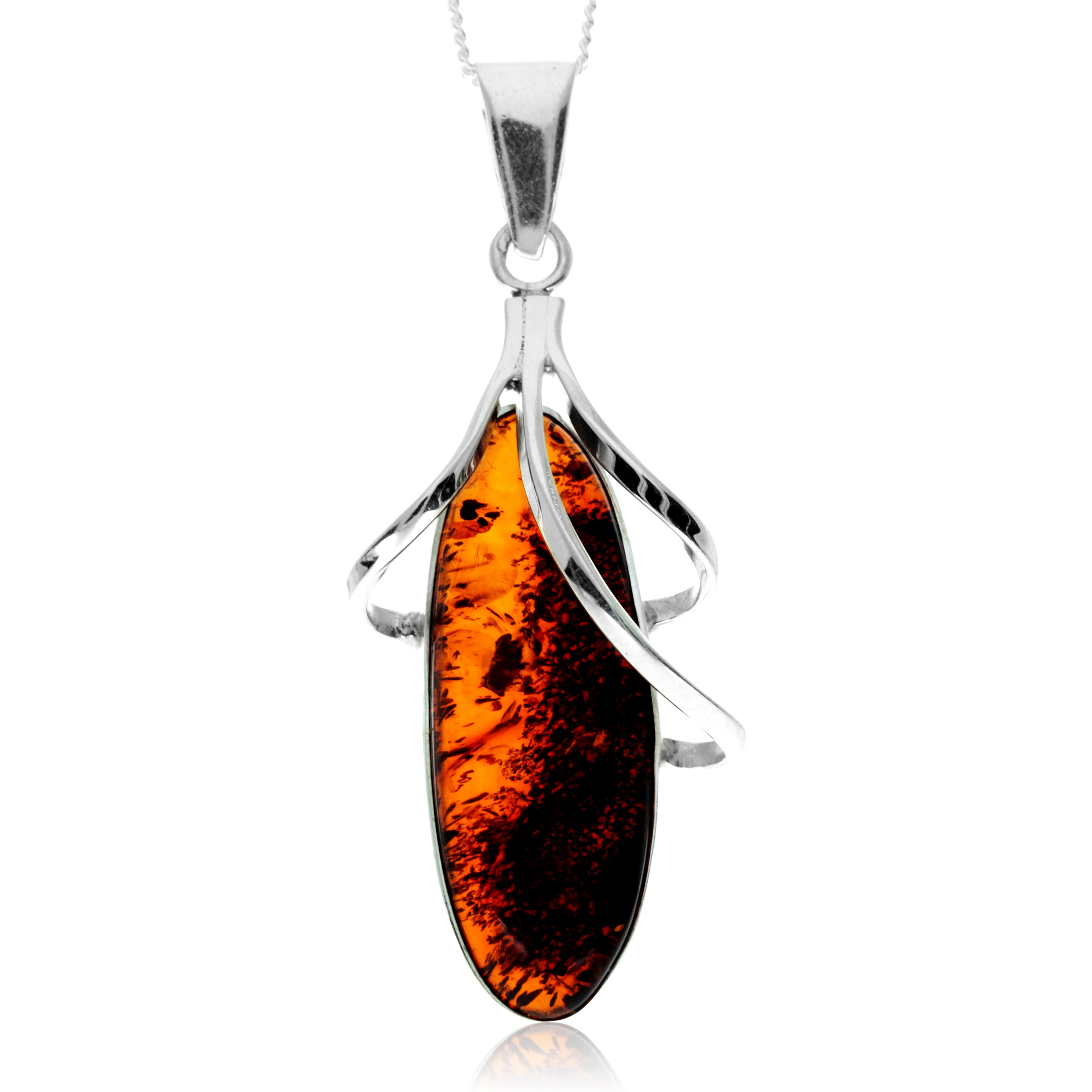 925 Sterling Silver & Genuine Cognac Baltic Amber Exlusive Unique Pendant - PD2411