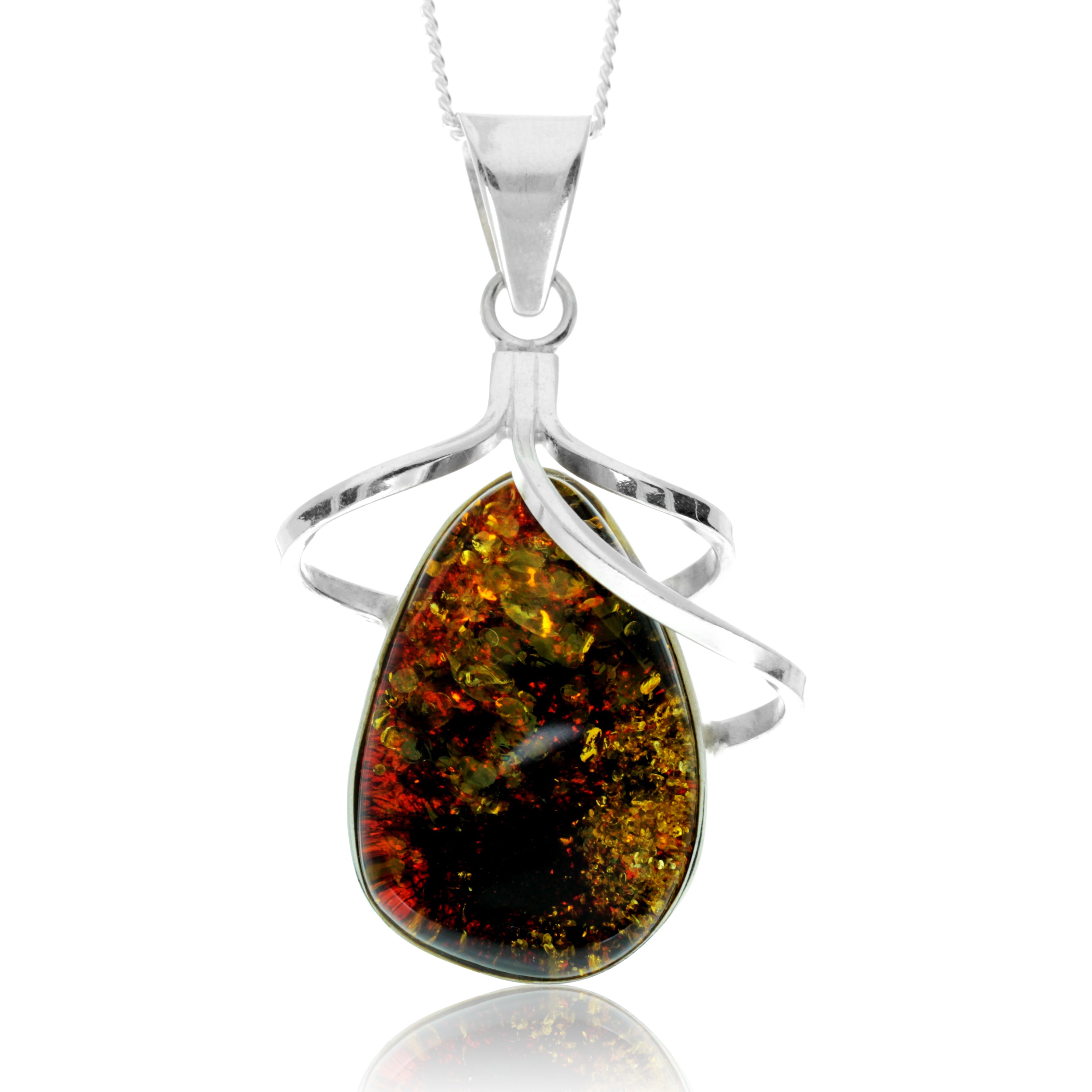 925 Sterling Silver & Genuine Green Baltic Amber Exlusive Unique Pendant - PD2412