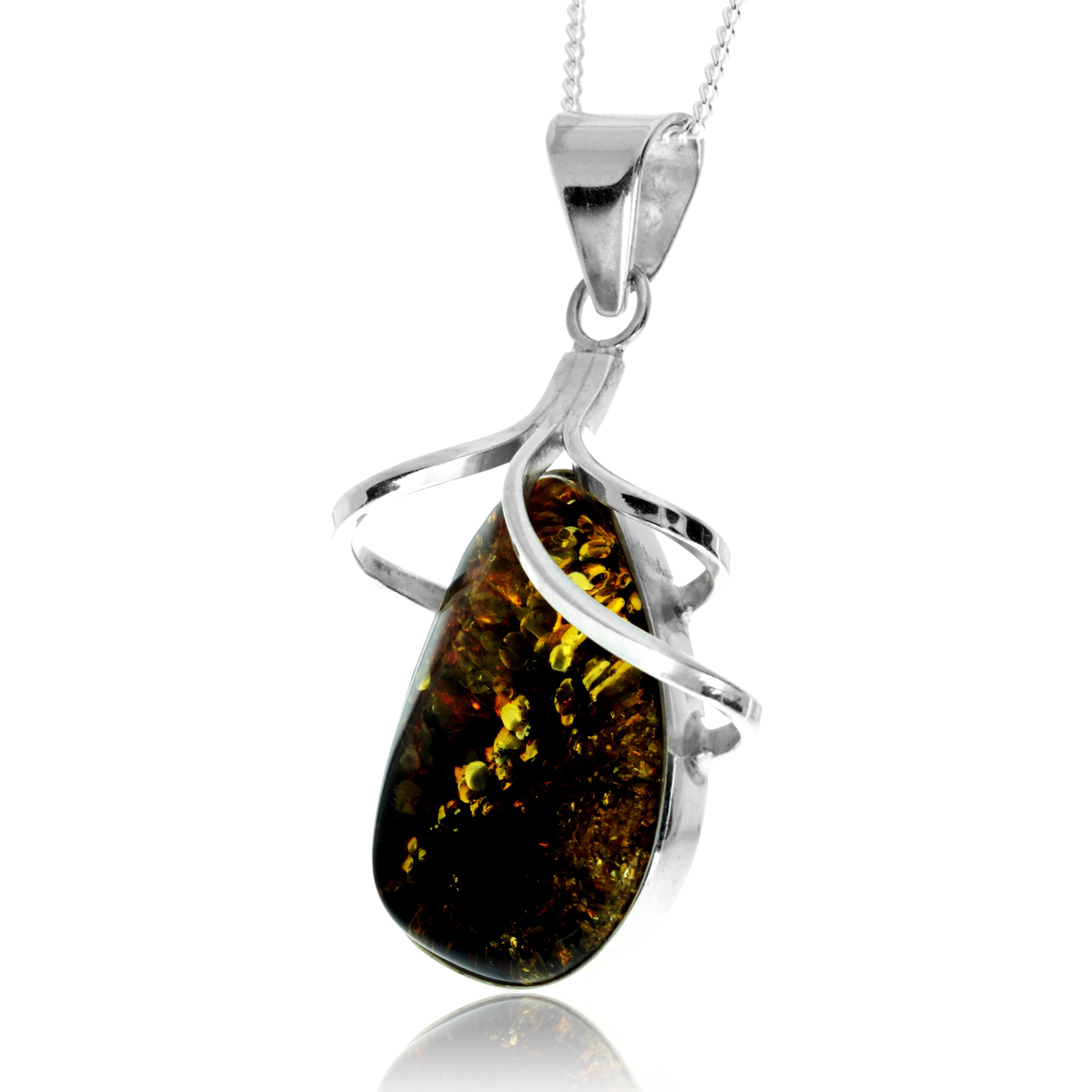 925 Sterling Silver & Genuine Green Baltic Amber Exlusive Unique Pendant - PD2412