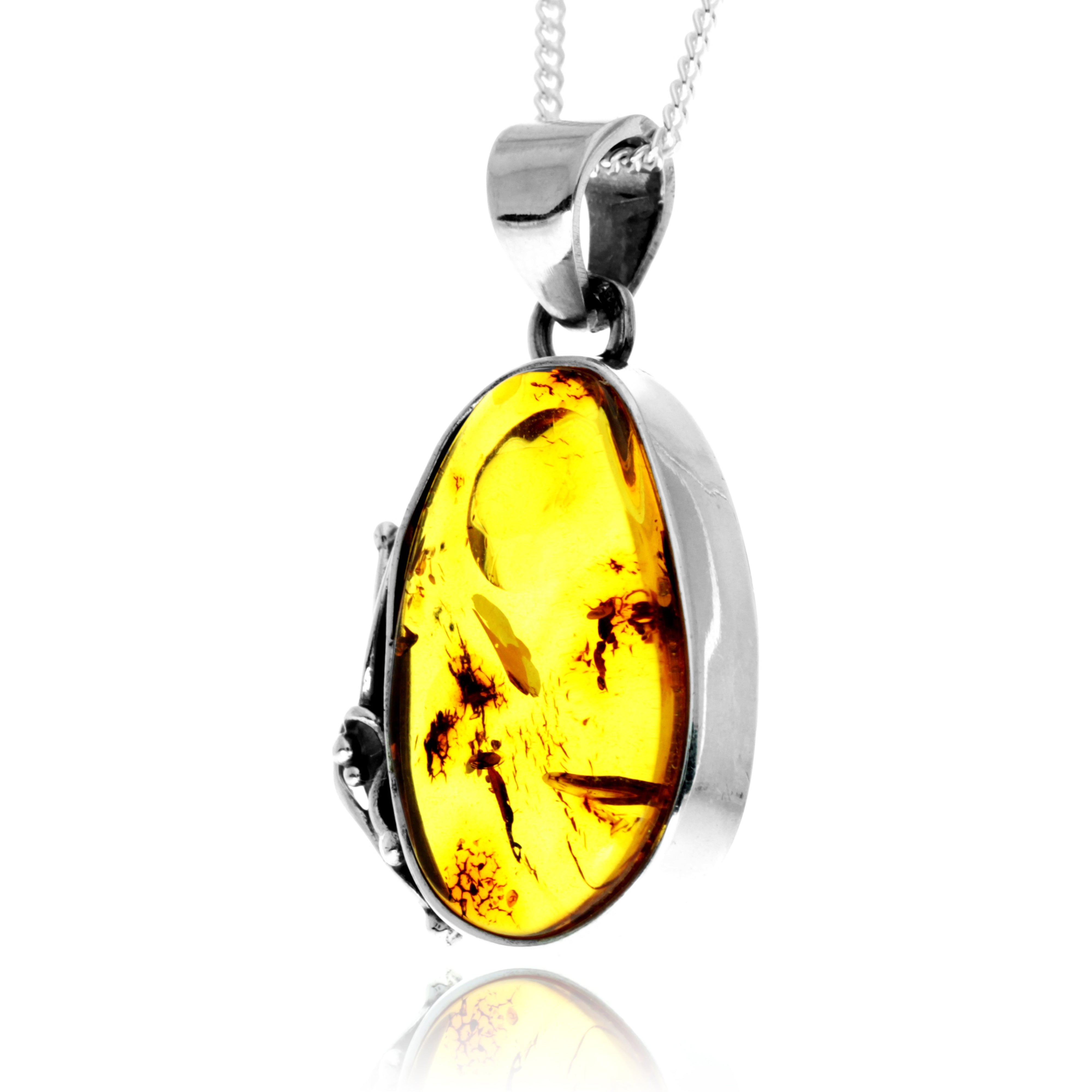 925 Sterling Silver & Genuine Cognac Baltic Amber Exlusive Unique Pendant - PD2420