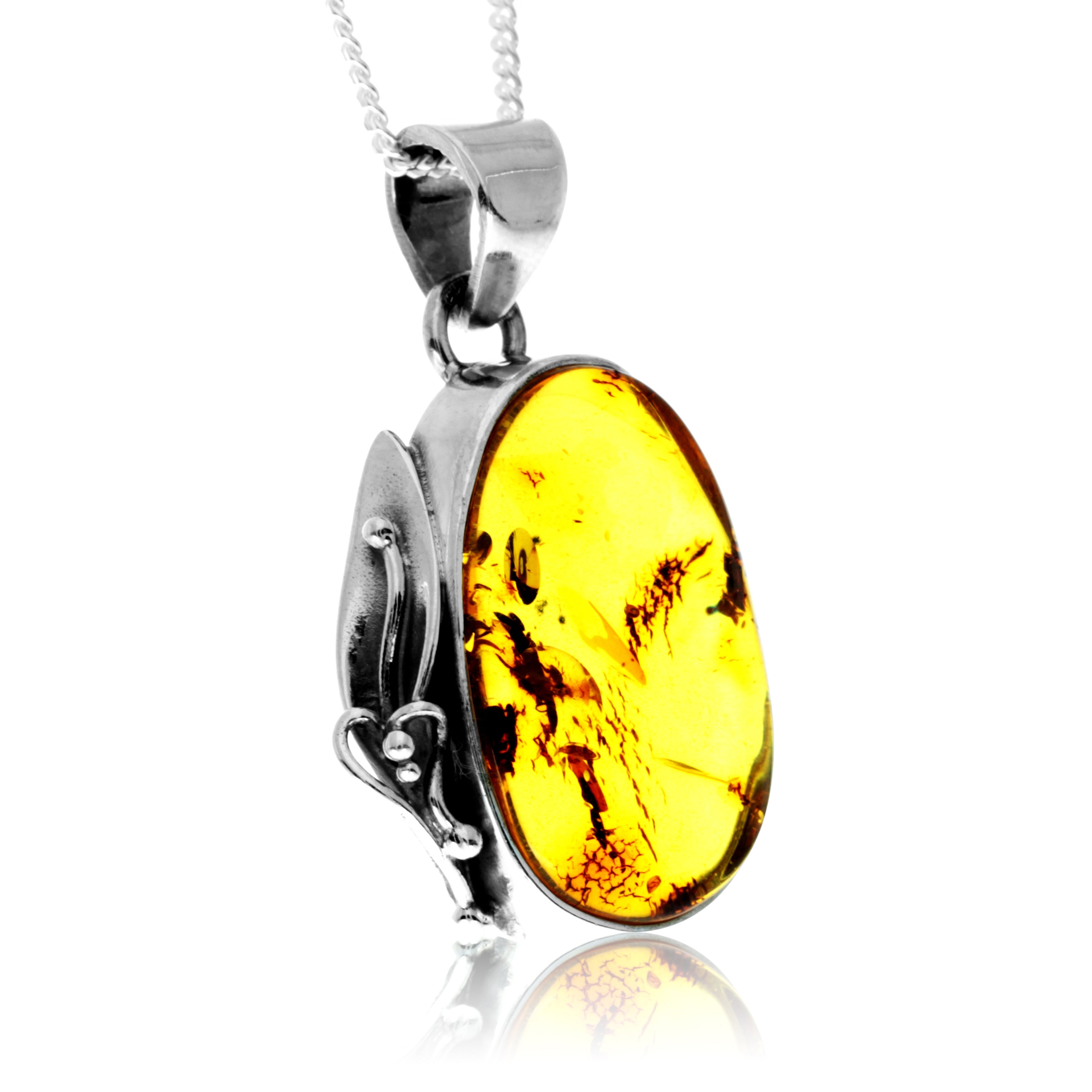 925 Sterling Silver & Genuine Cognac Baltic Amber Exlusive Unique Pendant - PD2420