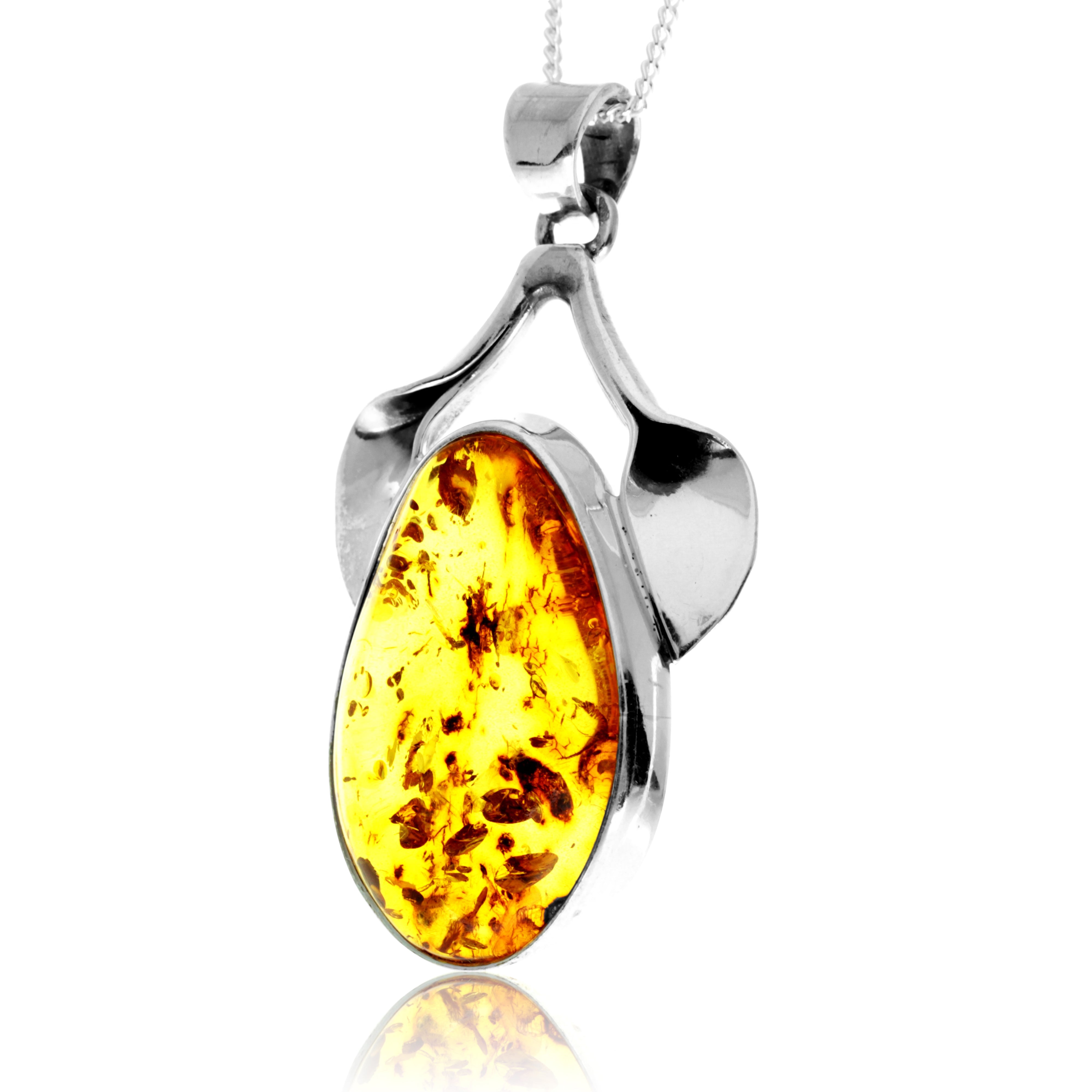 925 Sterling Silver & Genuine Cognac Baltic Amber Exlusive Unique Pendant - PD2421