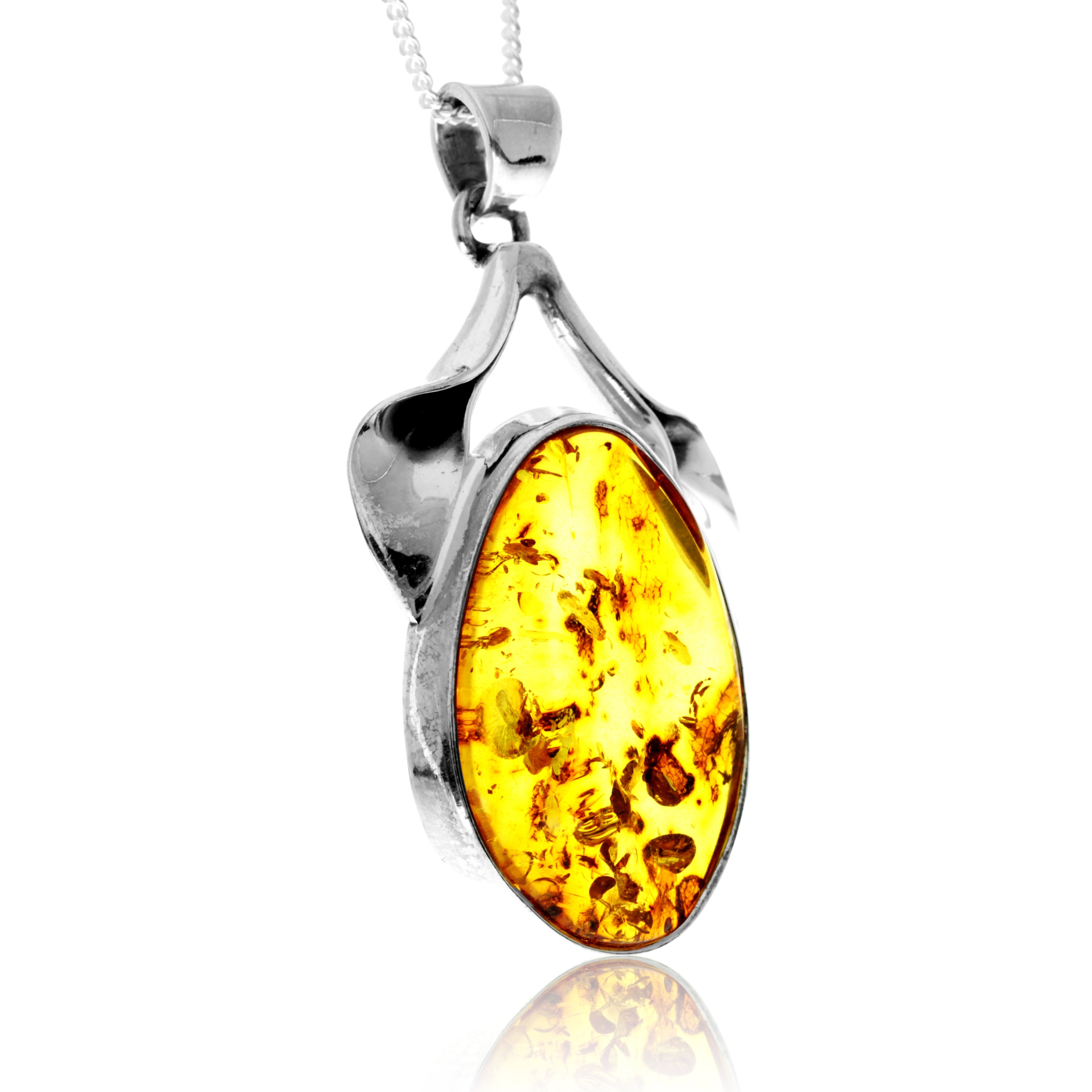 925 Sterling Silver & Genuine Cognac Baltic Amber Exlusive Unique Pendant - PD2421