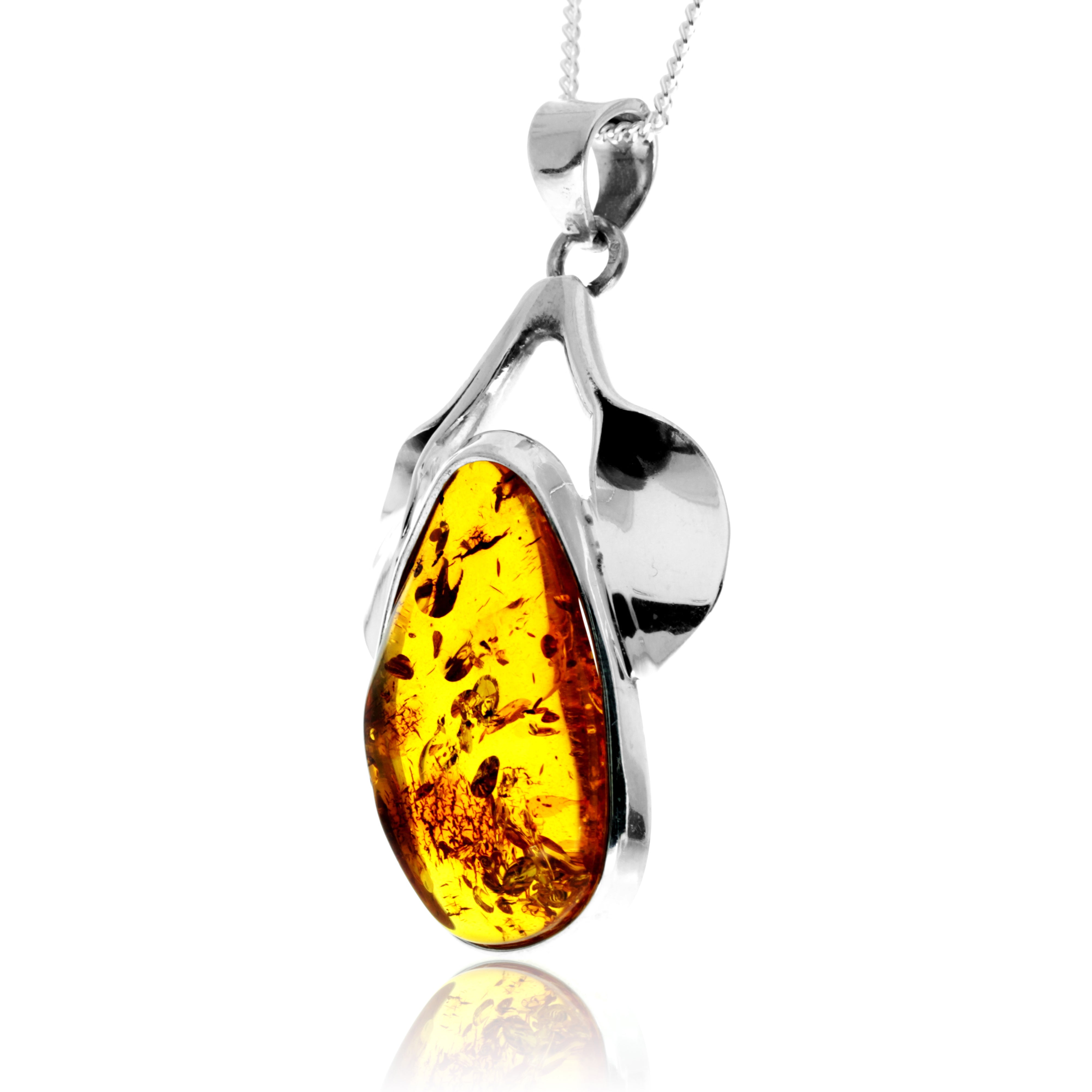 925 Sterling Silver & Genuine Cognac Baltic Amber Exlusive Unique Pendant - PD2422