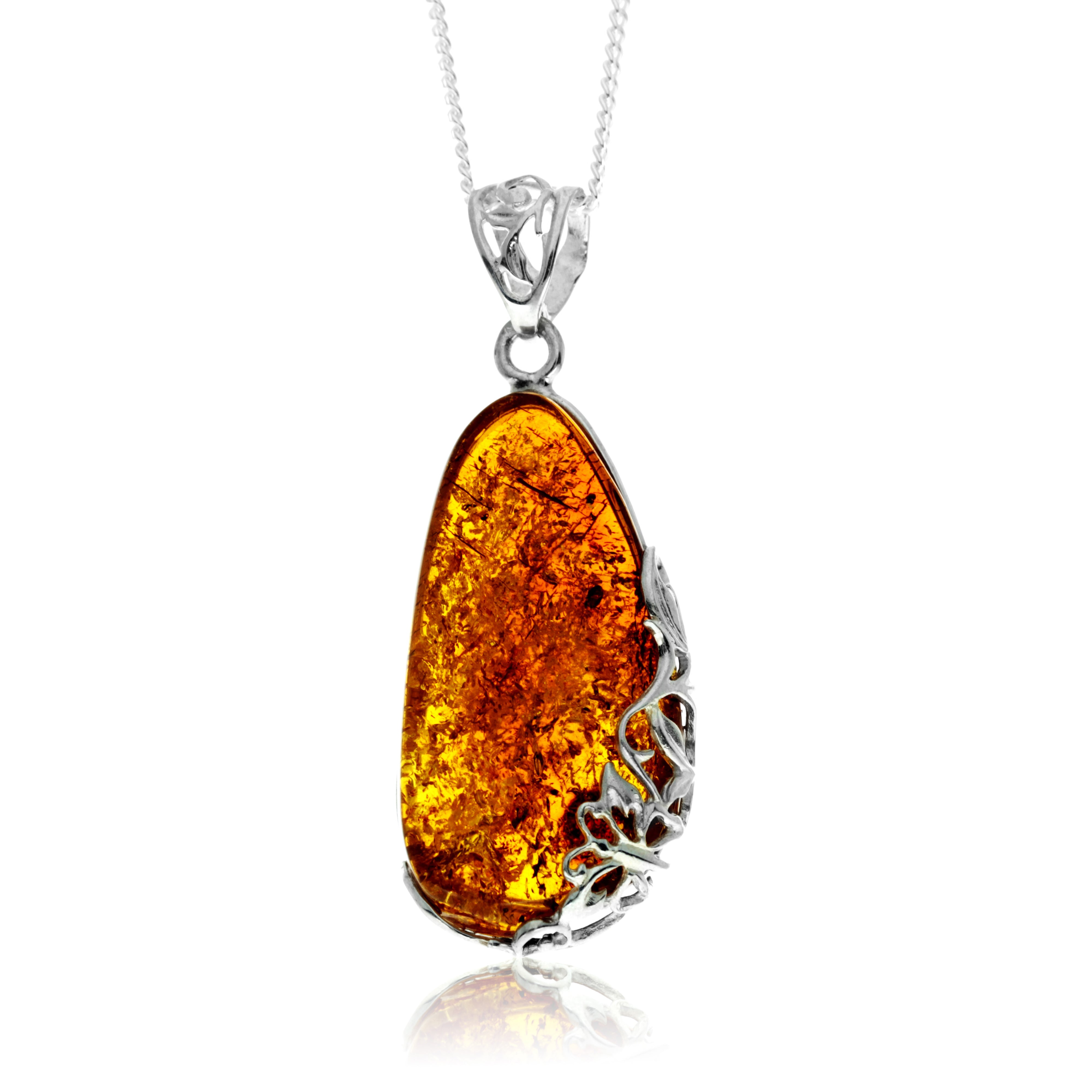 925 Sterling Silver & Genuine Cognac Baltic Amber Exlusive Unique Pendant - PD2427