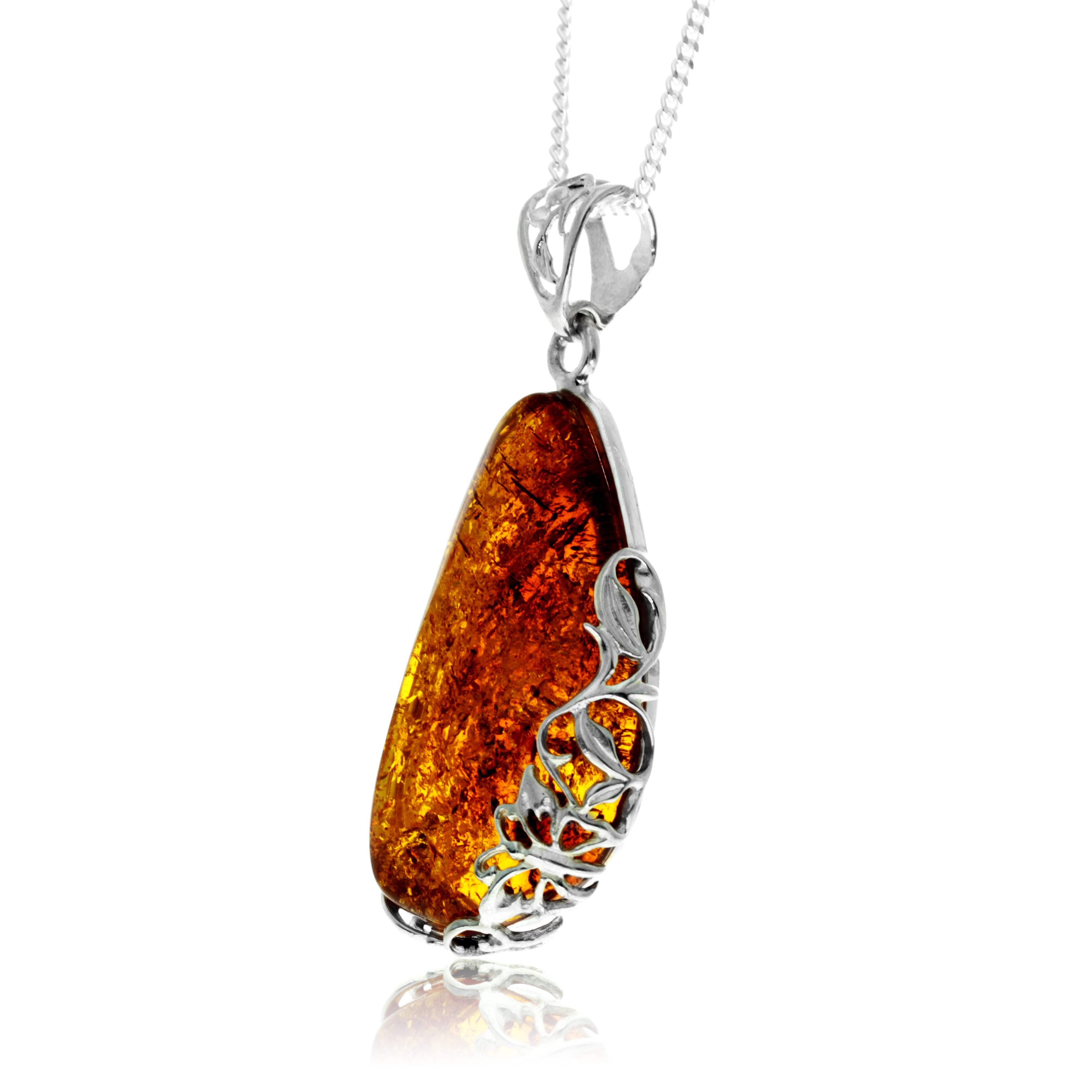 925 Sterling Silver & Genuine Cognac Baltic Amber Exlusive Unique Pendant - PD2427