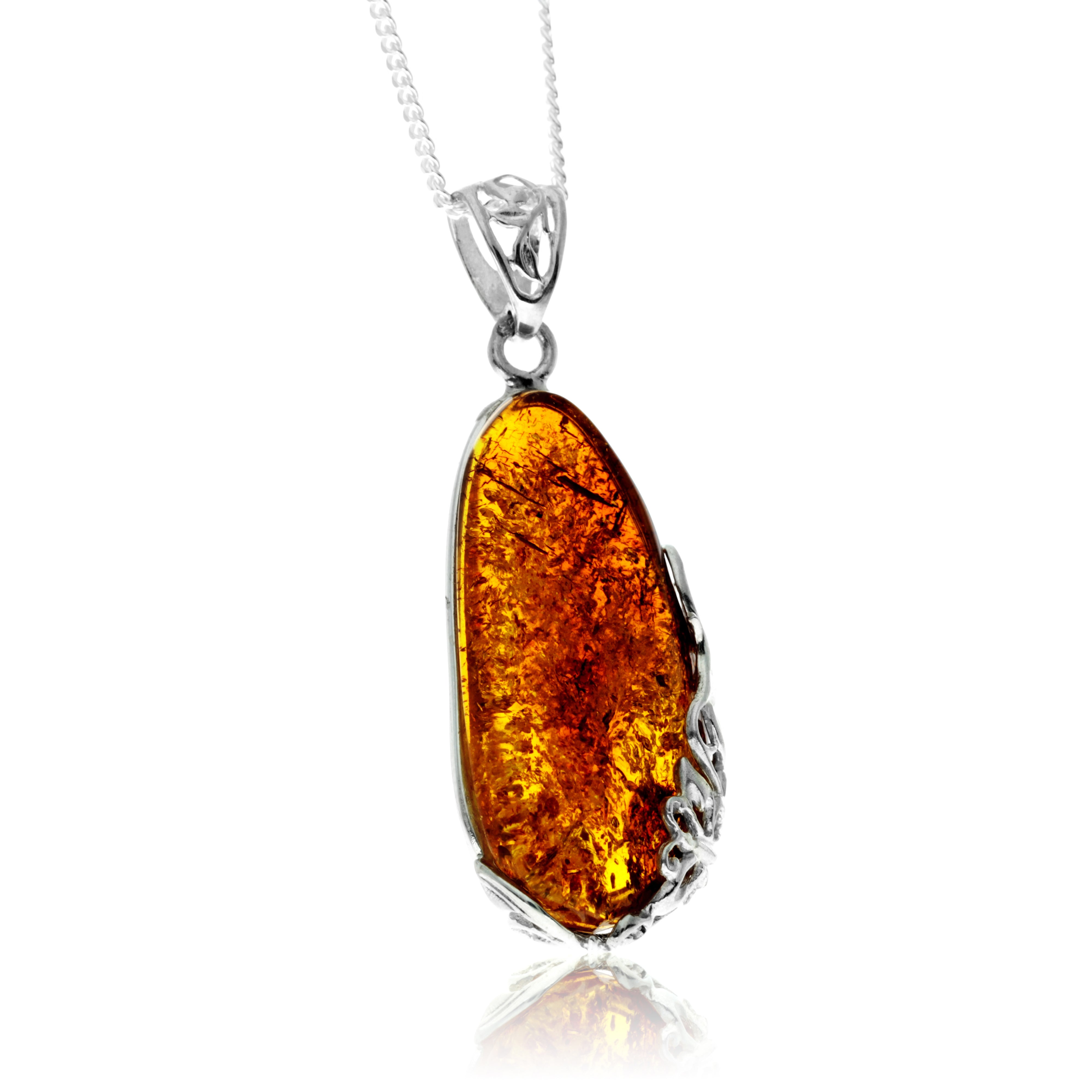 925 Sterling Silver & Genuine Cognac Baltic Amber Exlusive Unique Pendant - PD2427