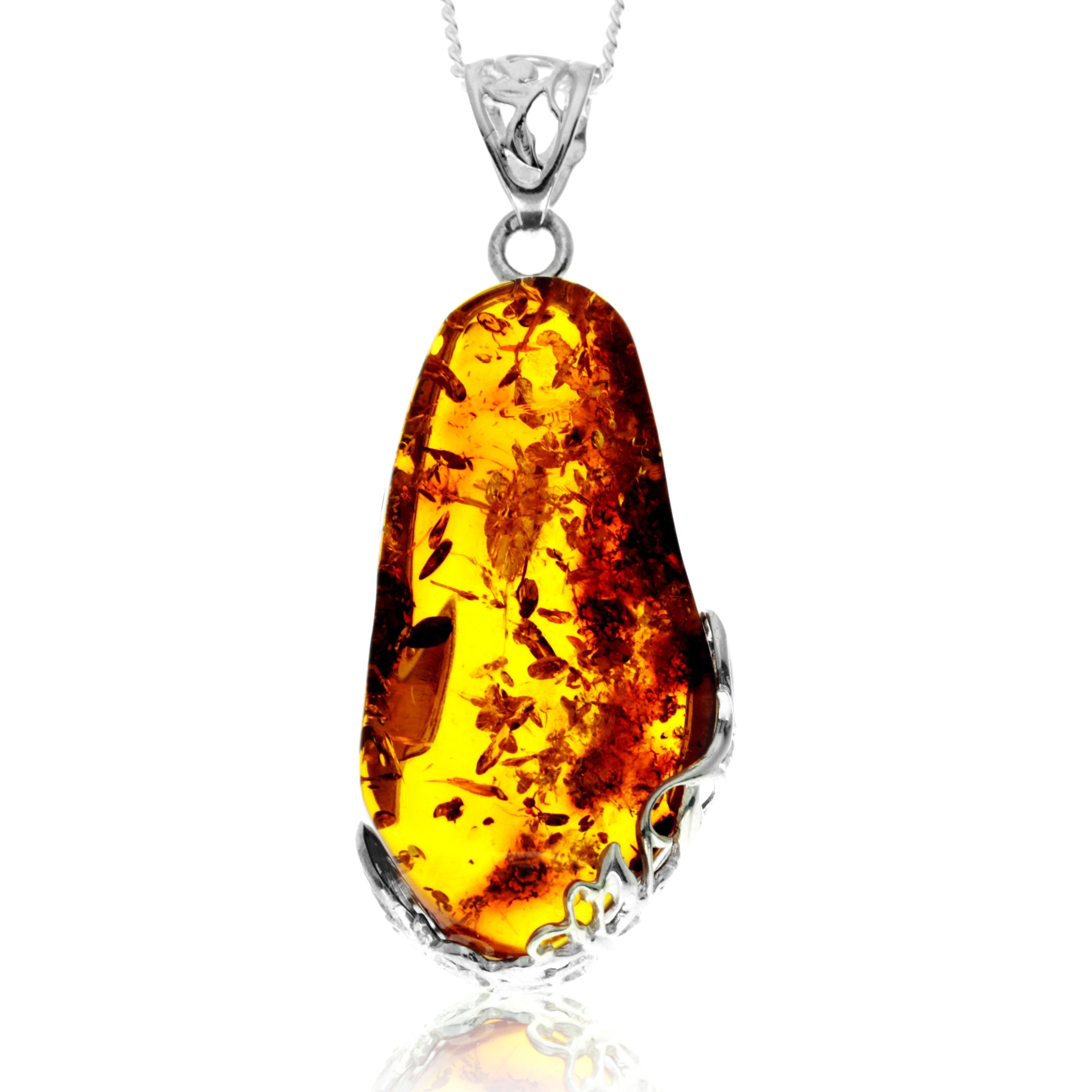 925 Sterling Silver & Genuine Cognac Baltic Amber Exlusive Unique Pendant - PD2430