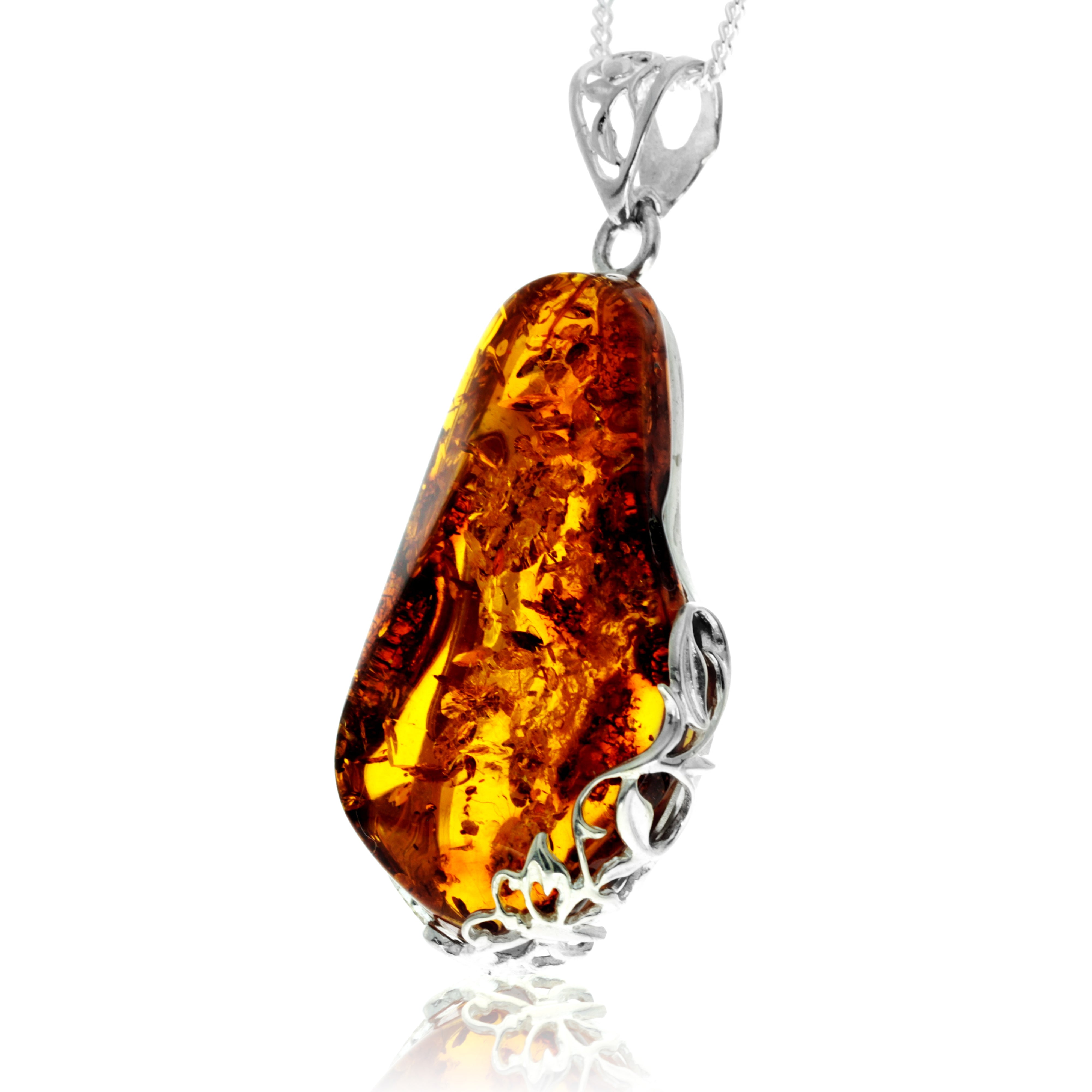 925 Sterling Silver & Genuine Cognac Baltic Amber Exlusive Unique Pendant - PD2430