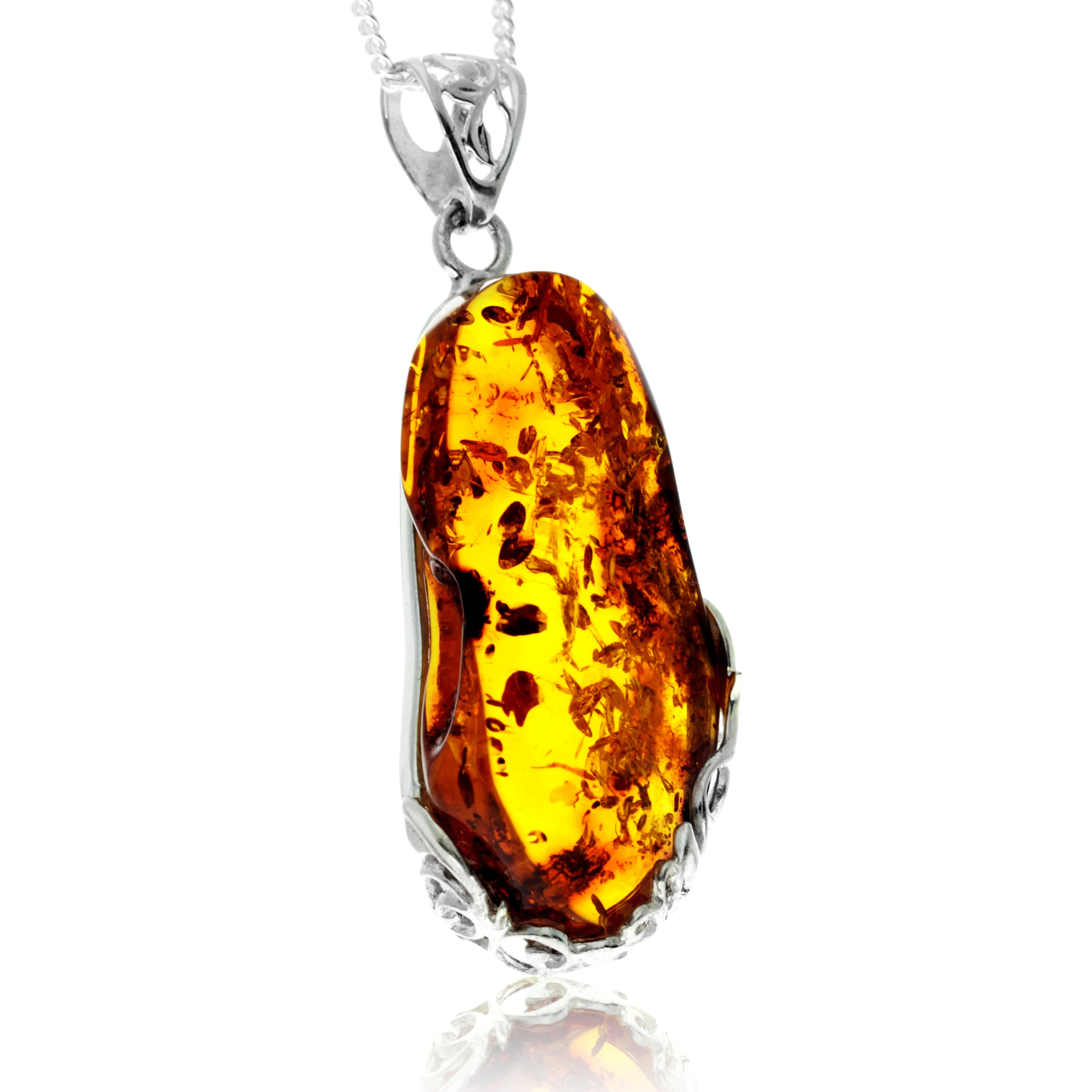 925 Sterling Silver & Genuine Cognac Baltic Amber Exlusive Unique Pendant - PD2430