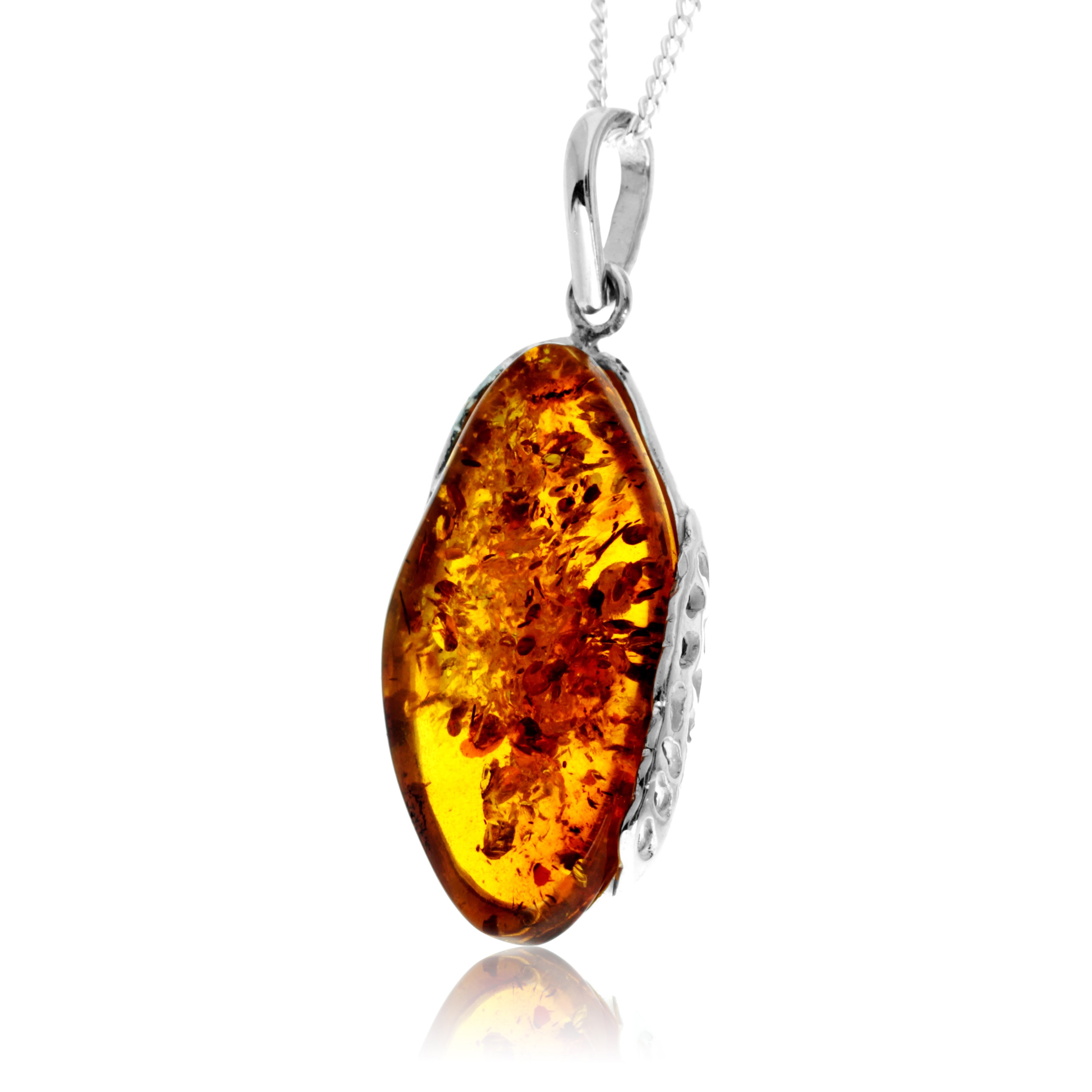 925 Sterling Silver & Genuine Cognac Baltic Amber Exlusive Unique Pendant - PD2433