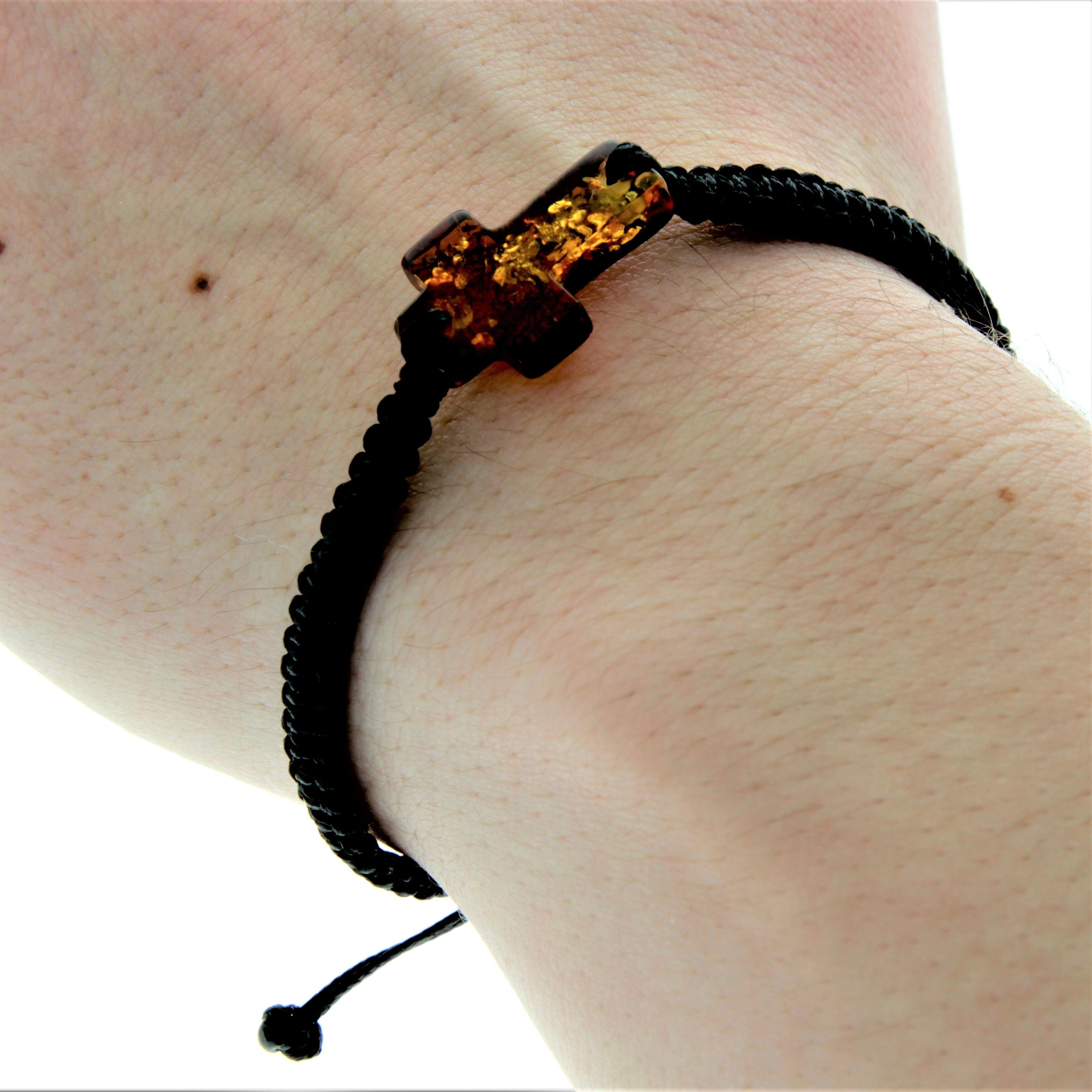 Genuine Baltic Amber Adjustable Bracelet for Men with Amber Cross - MB021