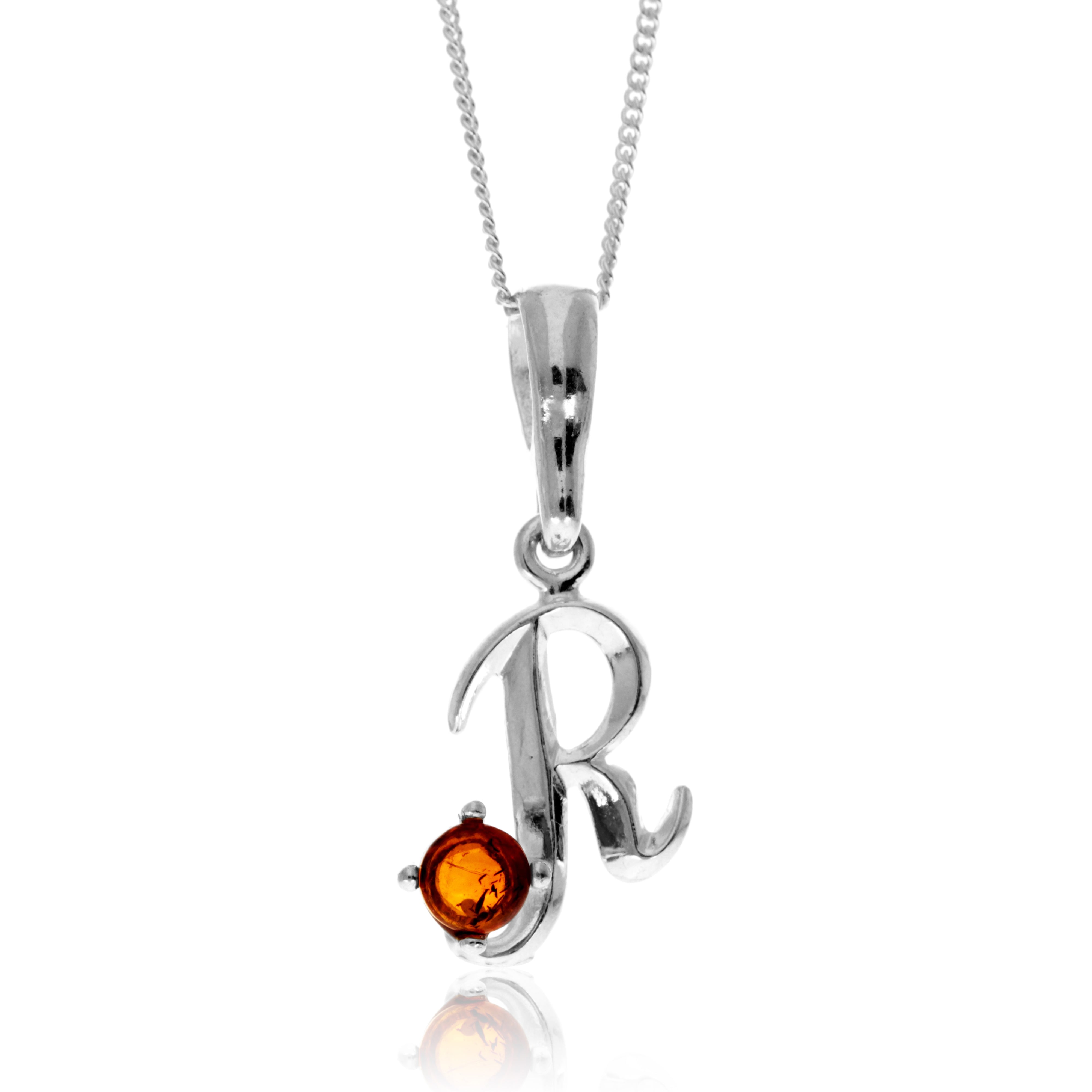 925 Sterling Silver & Genuine Baltic Amber Initials Alphabet Letters Pendant - AP