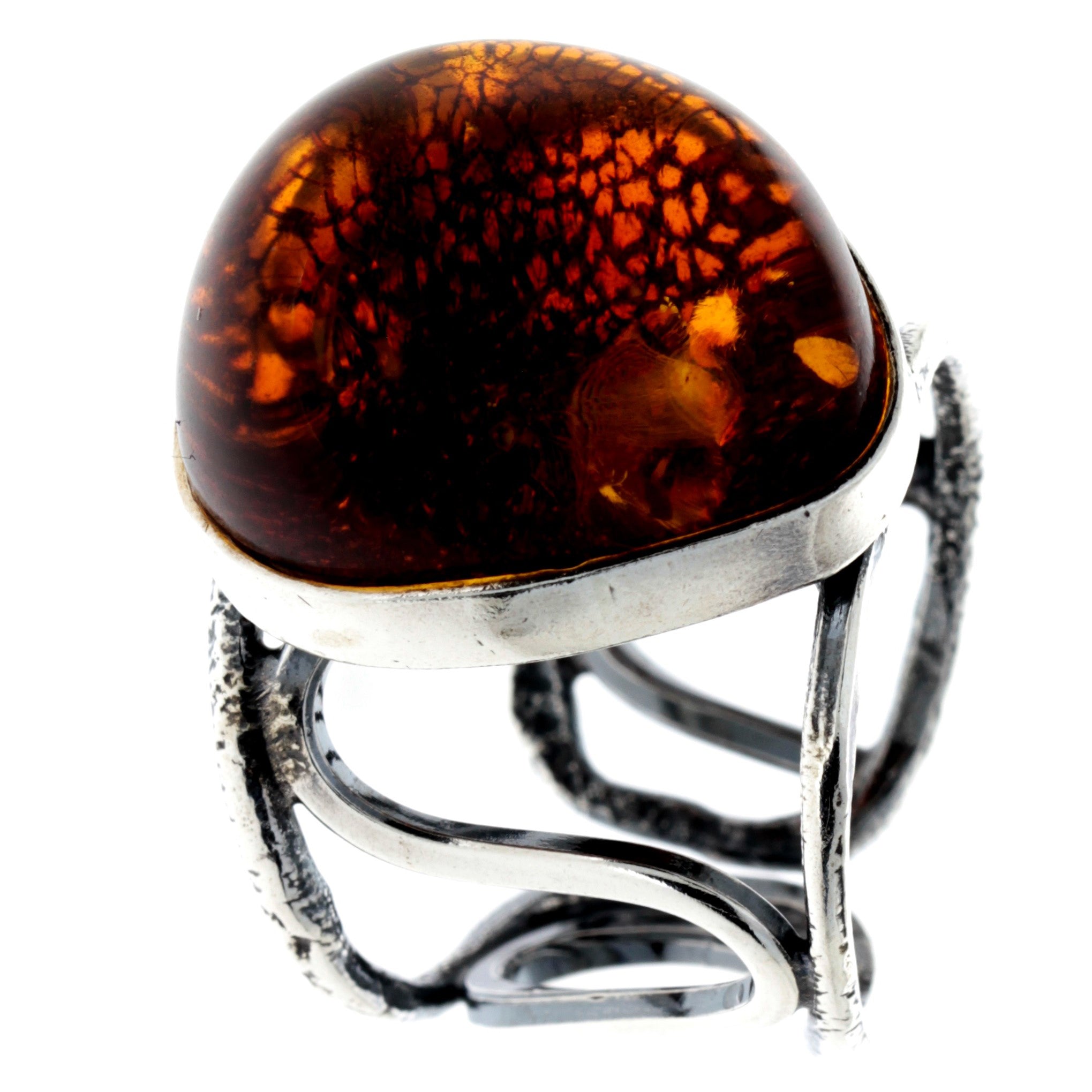 925 Sterling Silver & Genuine Cognac Baltic Amber Unique Ring - RG0707