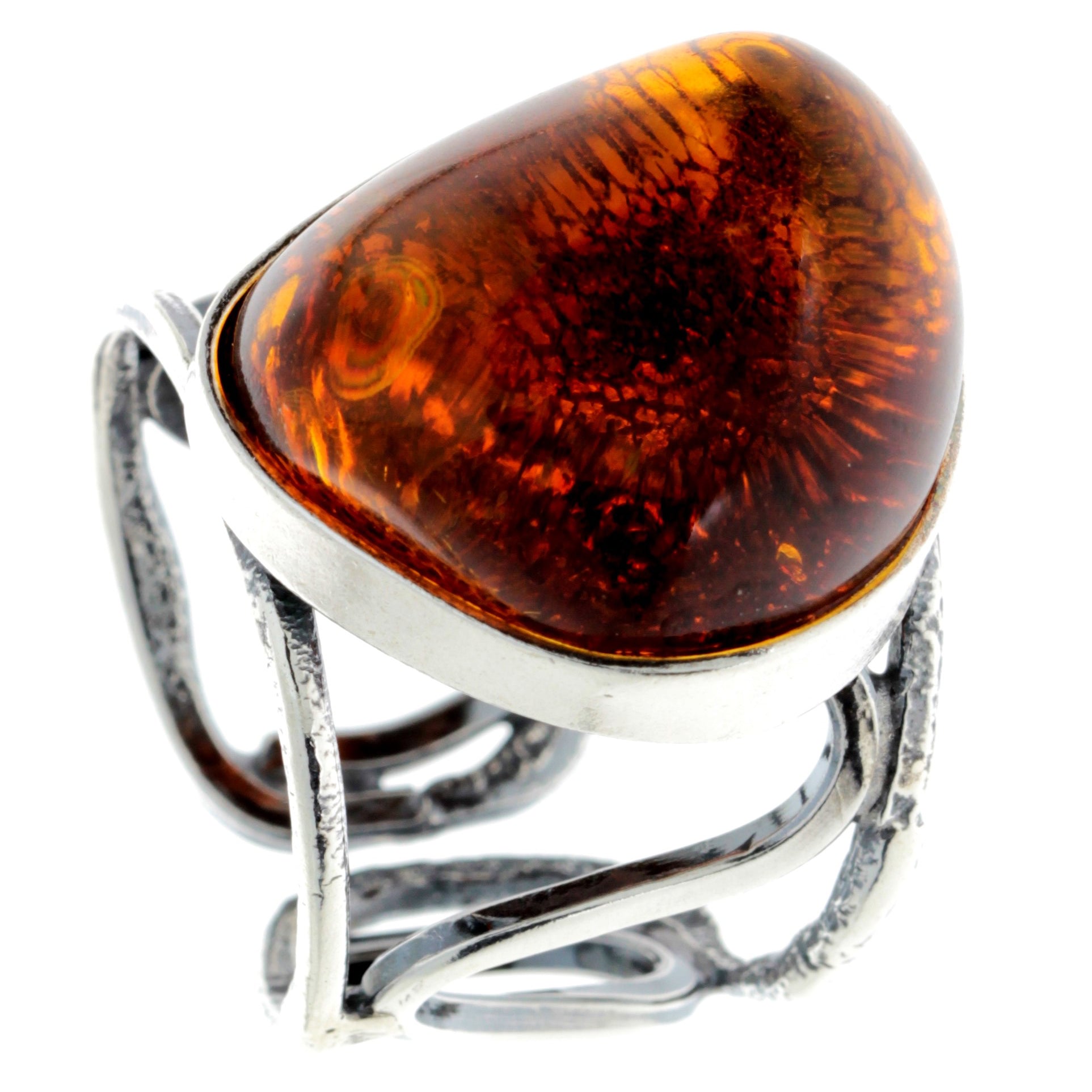 925 Sterling Silver & Genuine Cognac Baltic Amber Unique Ring - RG0707