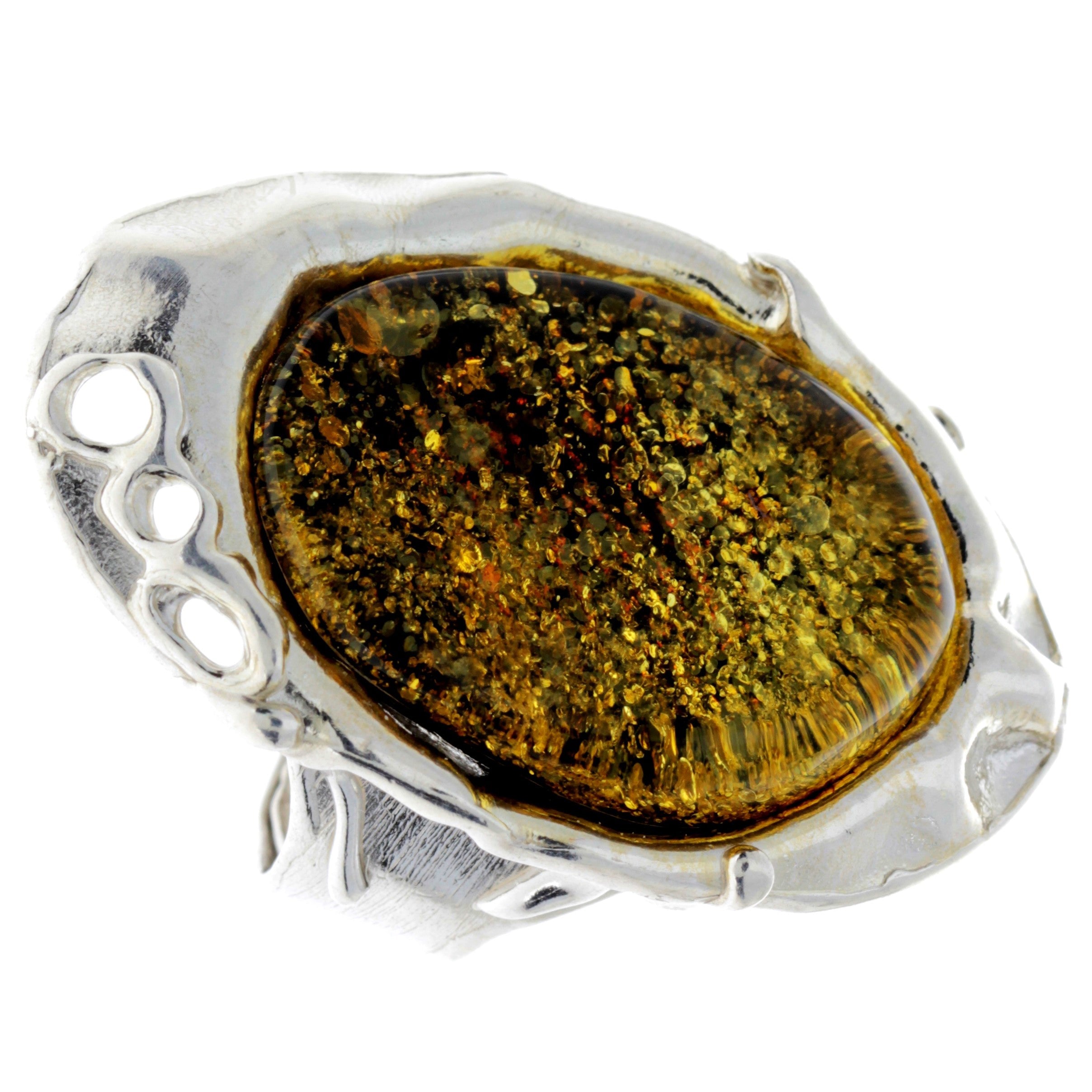 925 Sterling Silver & Genuine Green Baltic Amber Unique Ring - RG0719