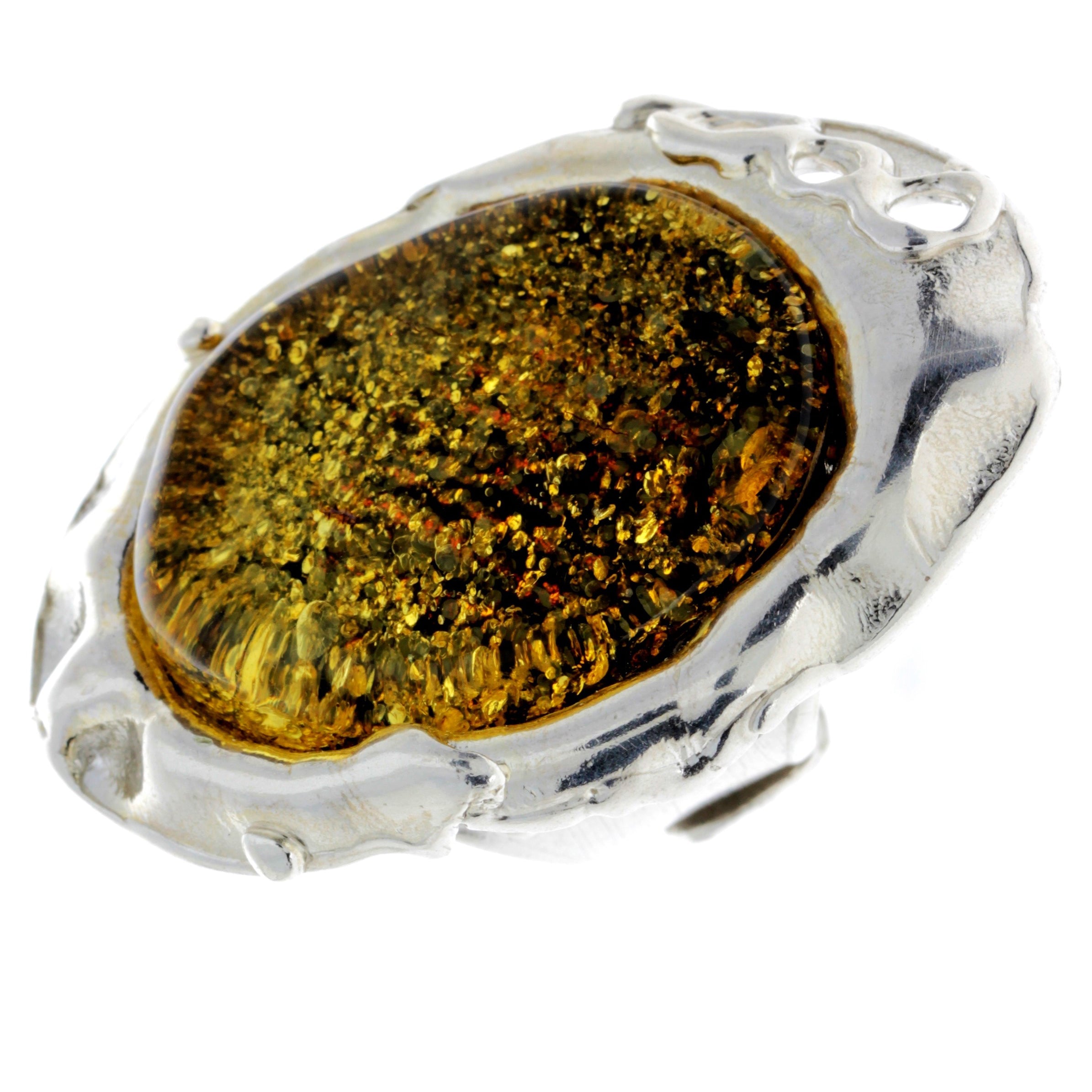 925 Sterling Silver & Genuine Green Baltic Amber Unique Ring - RG0719