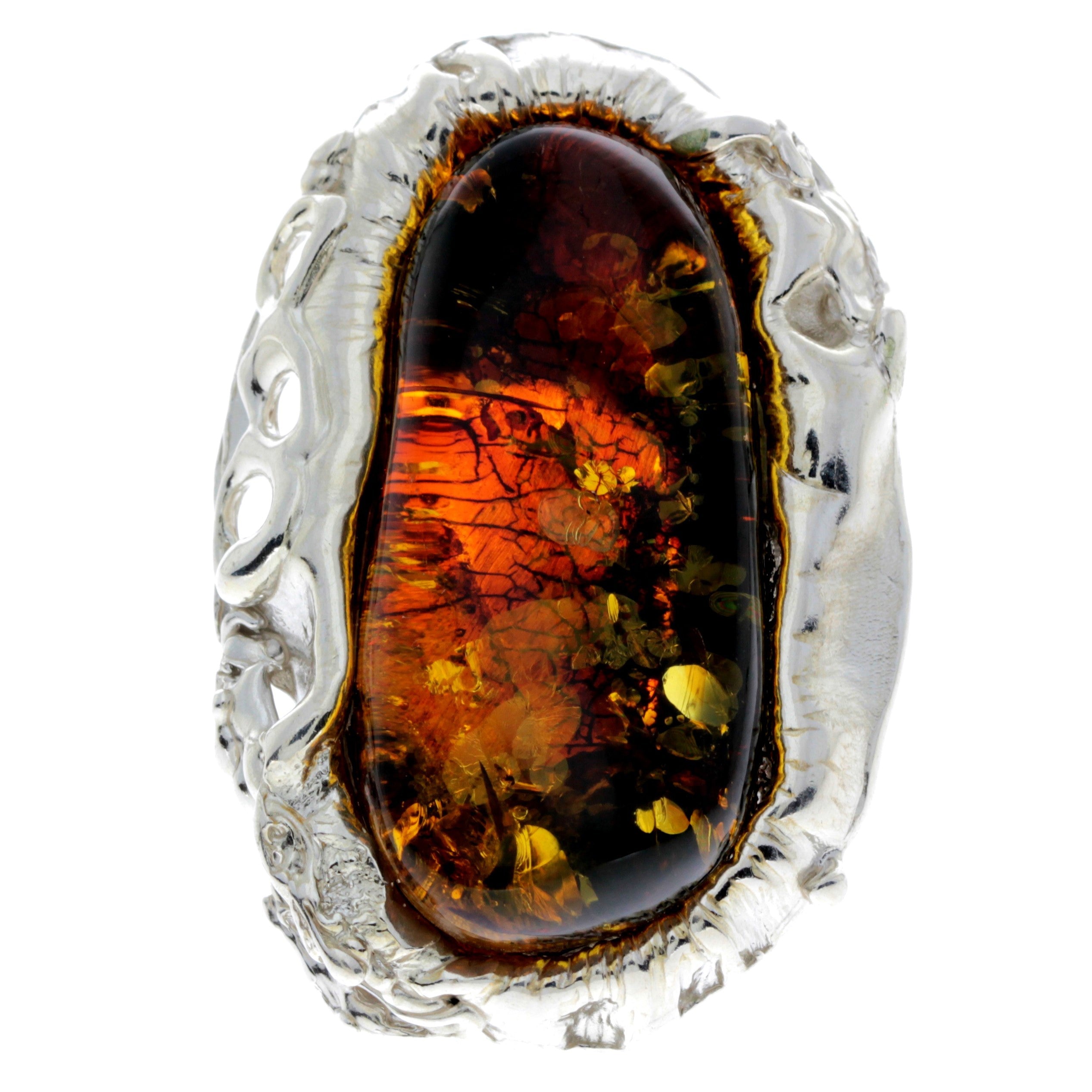 925 Sterling Silver & Genuine Green Baltic Amber Unique Ring - RG0720