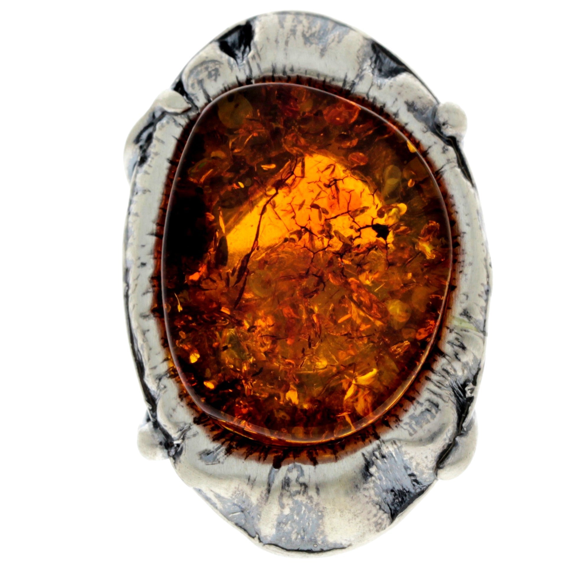 925 Sterling Silver & Genuine Cognac Baltic Amber Unique Ring - RG0721