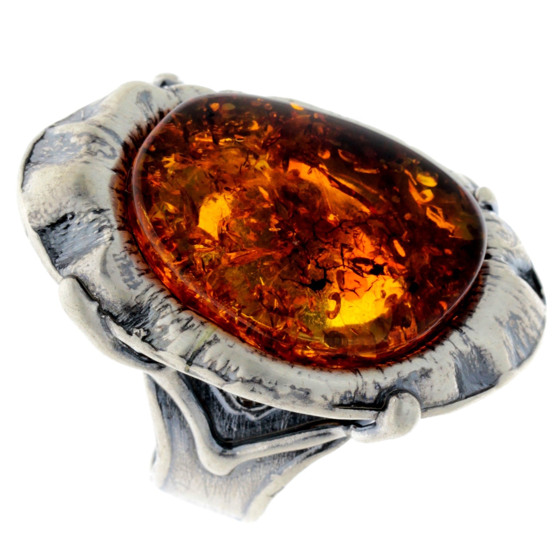 925 Sterling Silver & Genuine Cognac Baltic Amber Unique Ring - RG0721