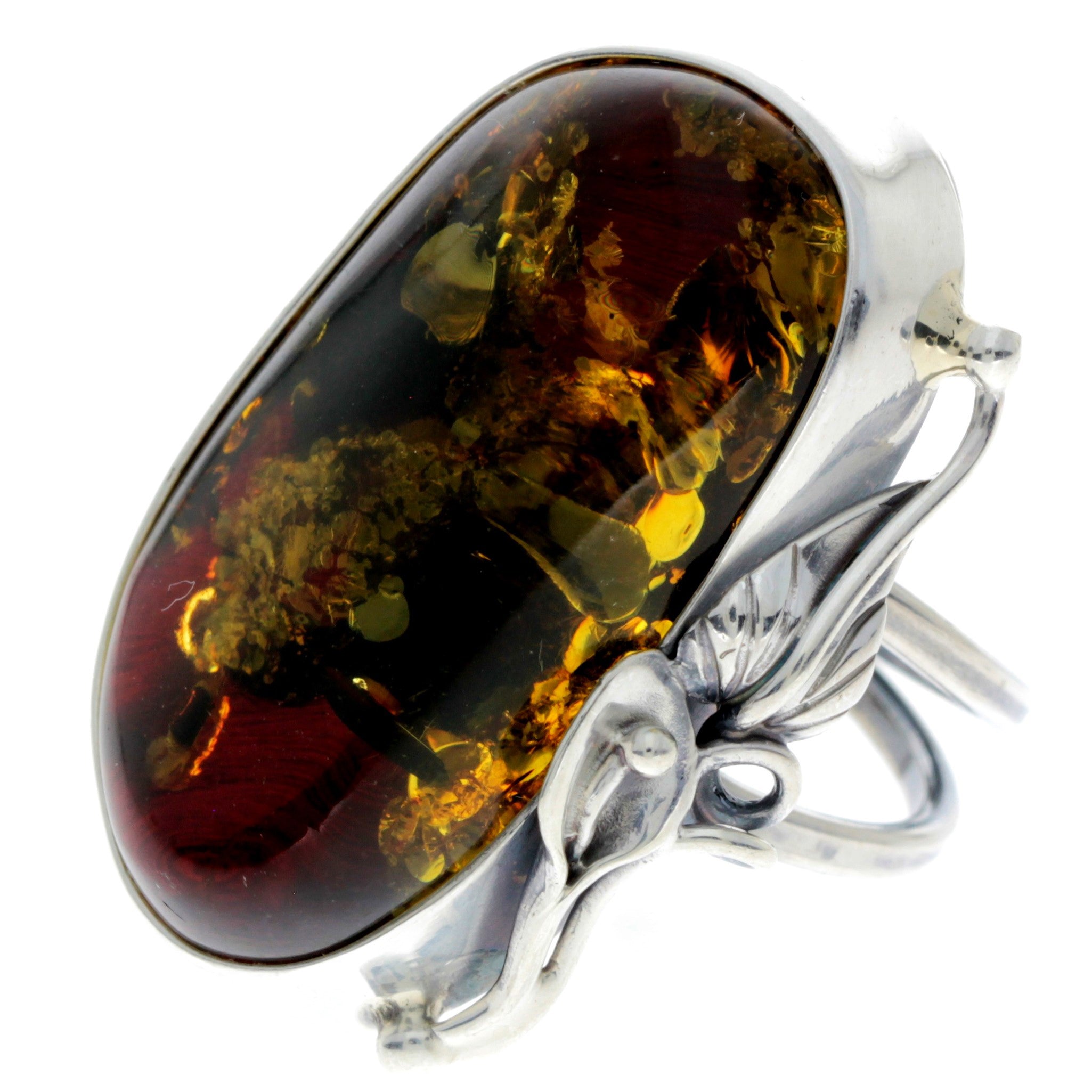 925 Sterling Silver & Genuine Green Baltic Amber Unique Ring - RG0722