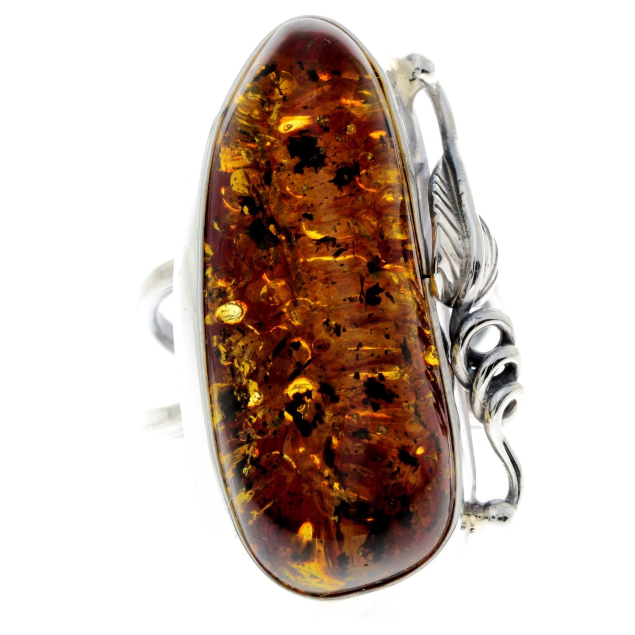 925 Sterling Silver & Genuine Green Baltic Amber Unique Ring - RG0724