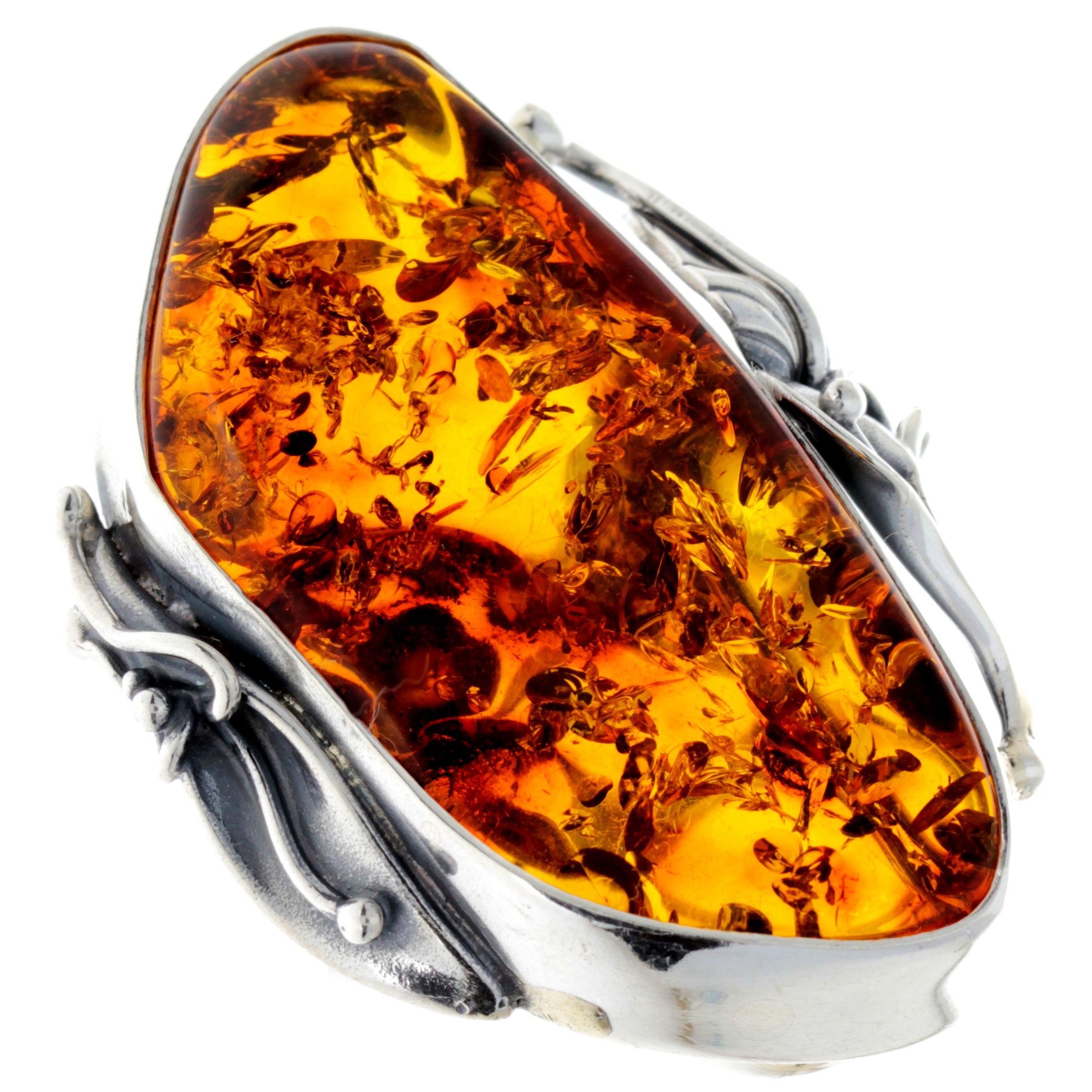 925 Sterling Silver & Genuine Cognac Baltic Amber Unique Ring - RG0729