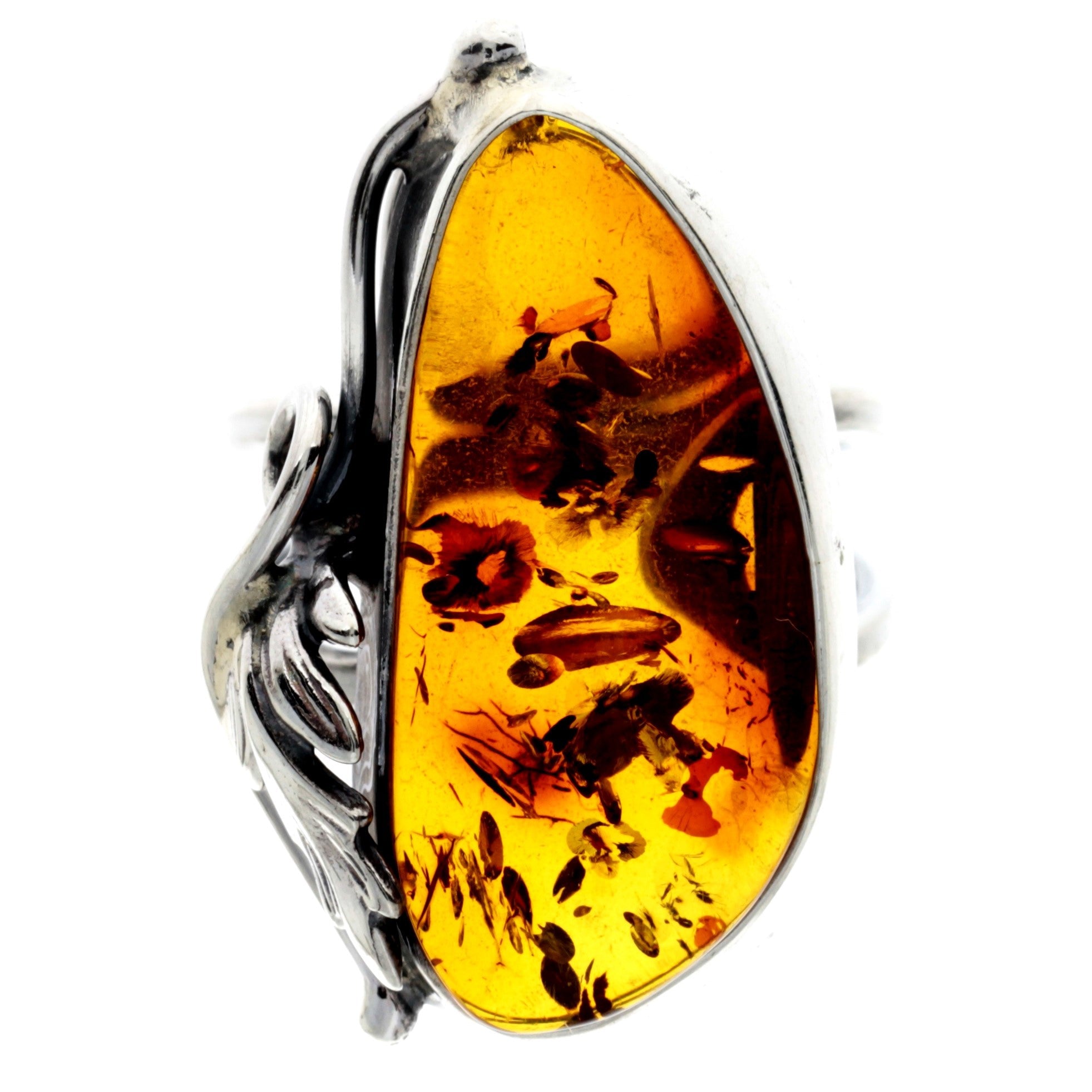 925 Sterling Silver & Genuine Cognac Baltic Amber Unique Ring - RG0738